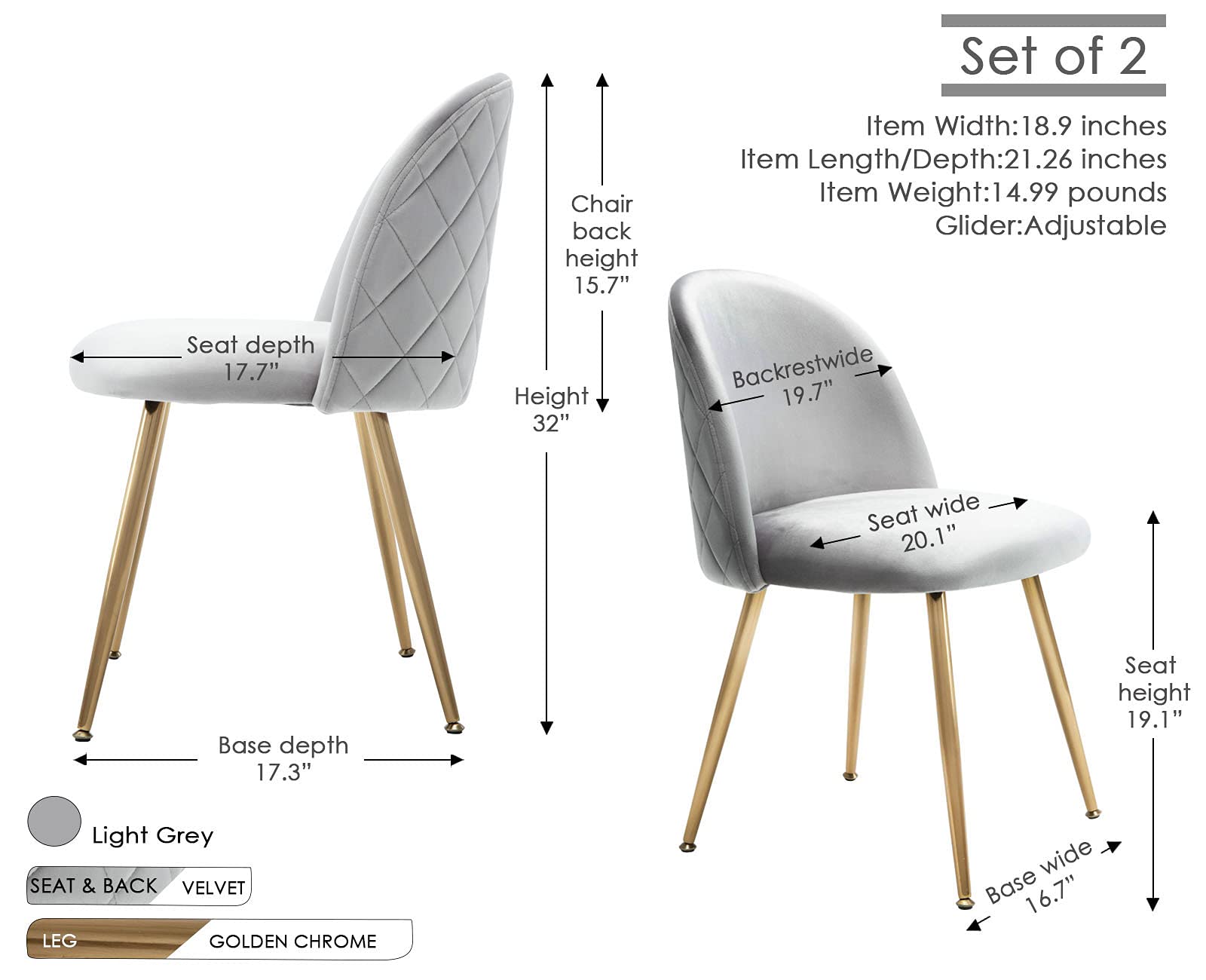 Wahson Set of 2 Velvet Dining Room Chairs - Grey Velvet Upholstered Hostess Chairs with Golden Chrome Legs for Kitchen, Dining Room & Home Decor
