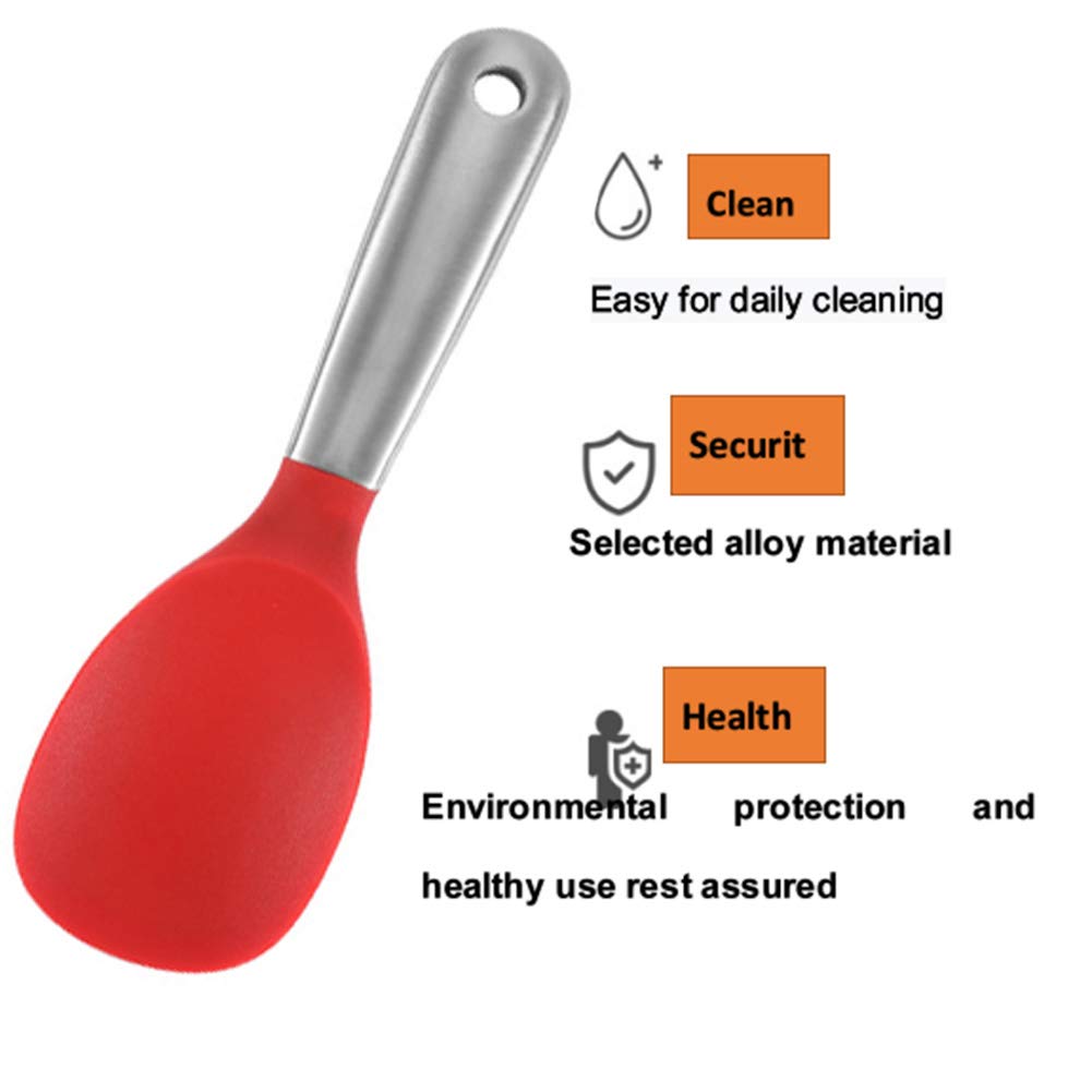 AKOAK 1 Pack Stainless Steel Silicone Rice Spoon - Non-Stick, Durable & Eco-Friendly Kitchen Utensil for Cooking Rice, Mashed Potatoes, Stir-Frying & Serving - Perfect for Home, Restaurant & Camping Use (Red)