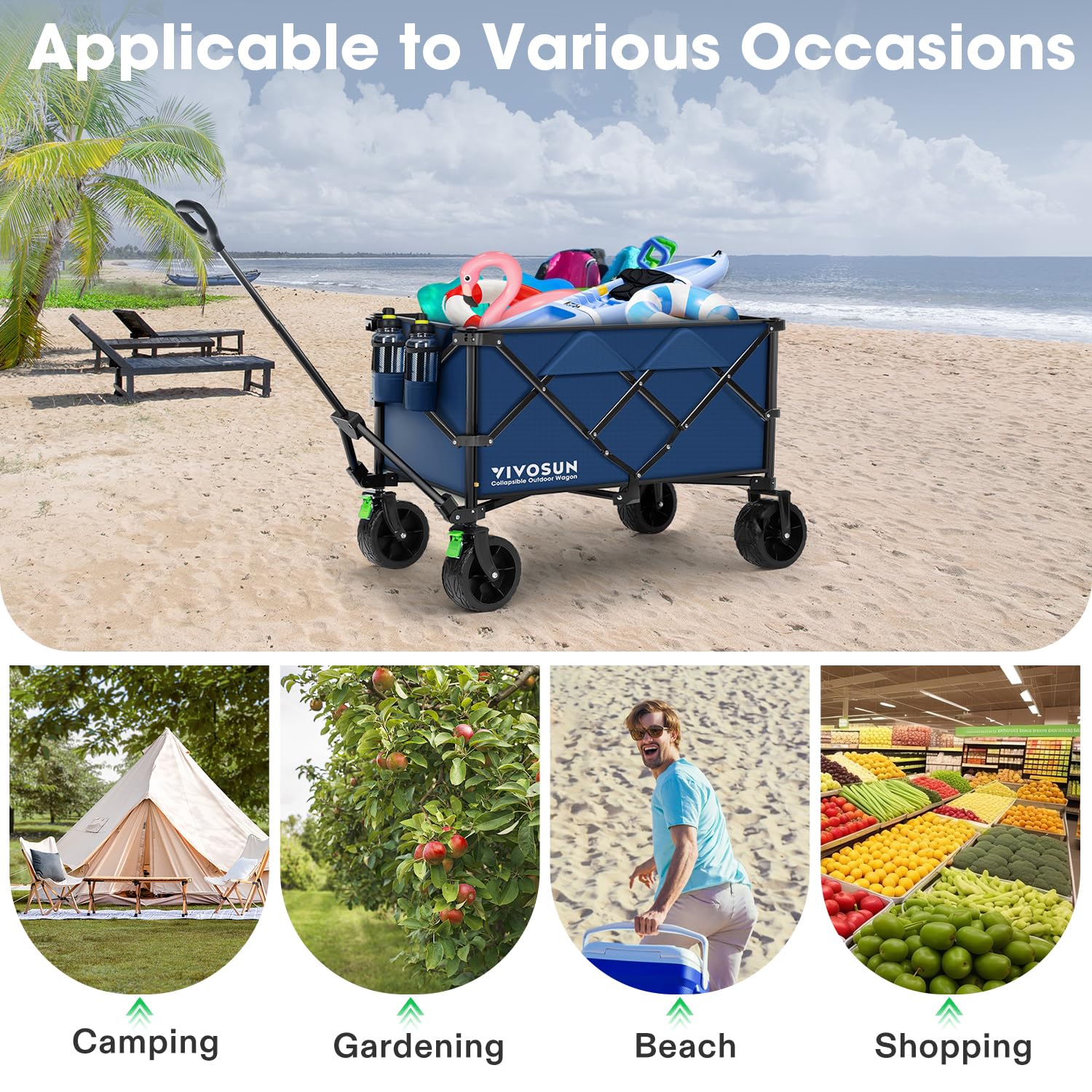 VIVOSUN Collapsible Folding Wagon Cart with All-Terrain Wheels - Adjustable Handle, Cup Holders & Storage Pockets - Perfect for Beach, Camping, Shopping, Picnics, Gardening & Outdoor Activities - Heavy Duty Utility Wagon for Sand, Grass & Rough Terrain - Portable Blue Folding Cart