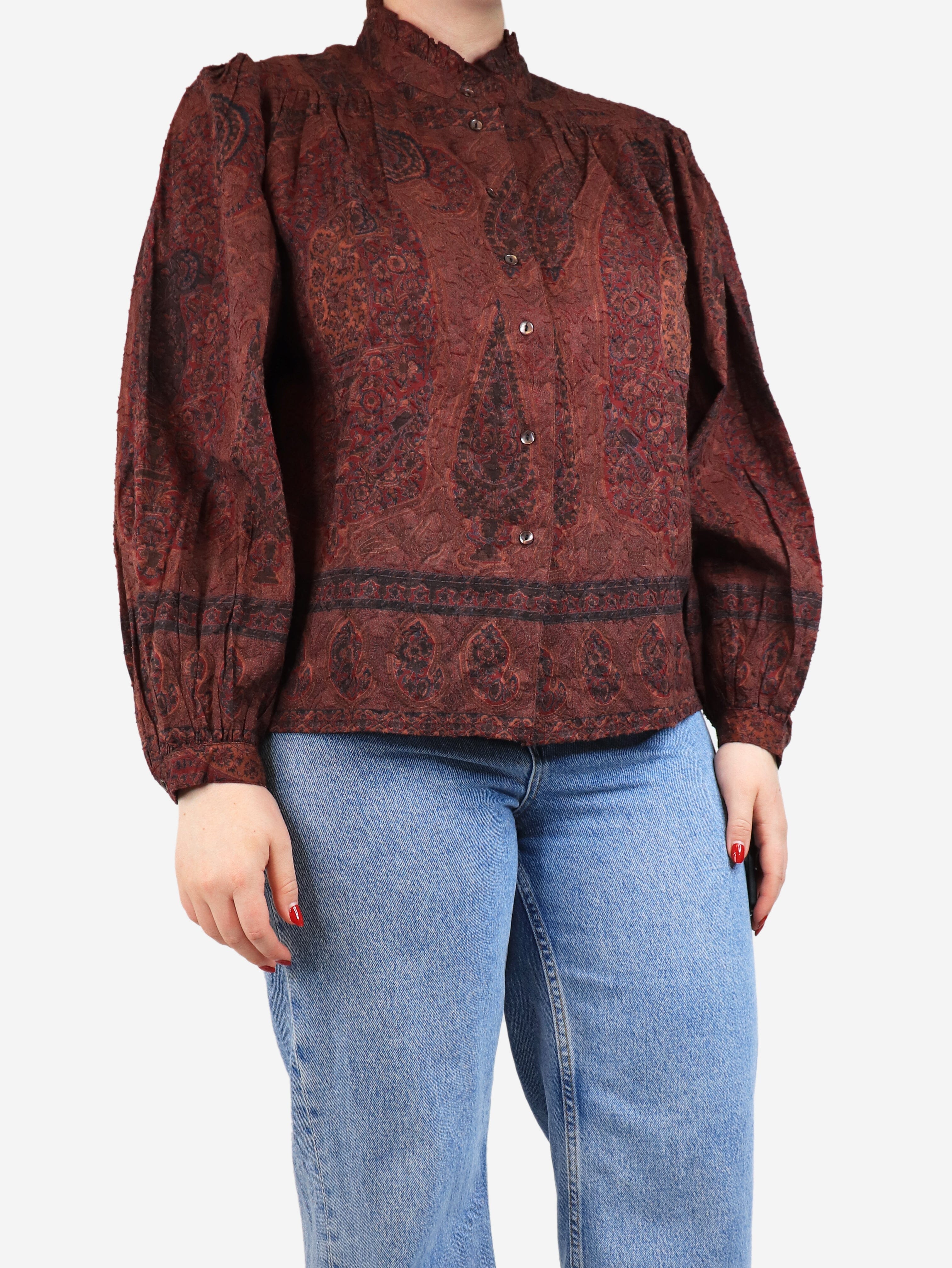 Stylish Burgundy Paisley Print Blouse - Size M - Perfect for Office Wear & Casual Outfits