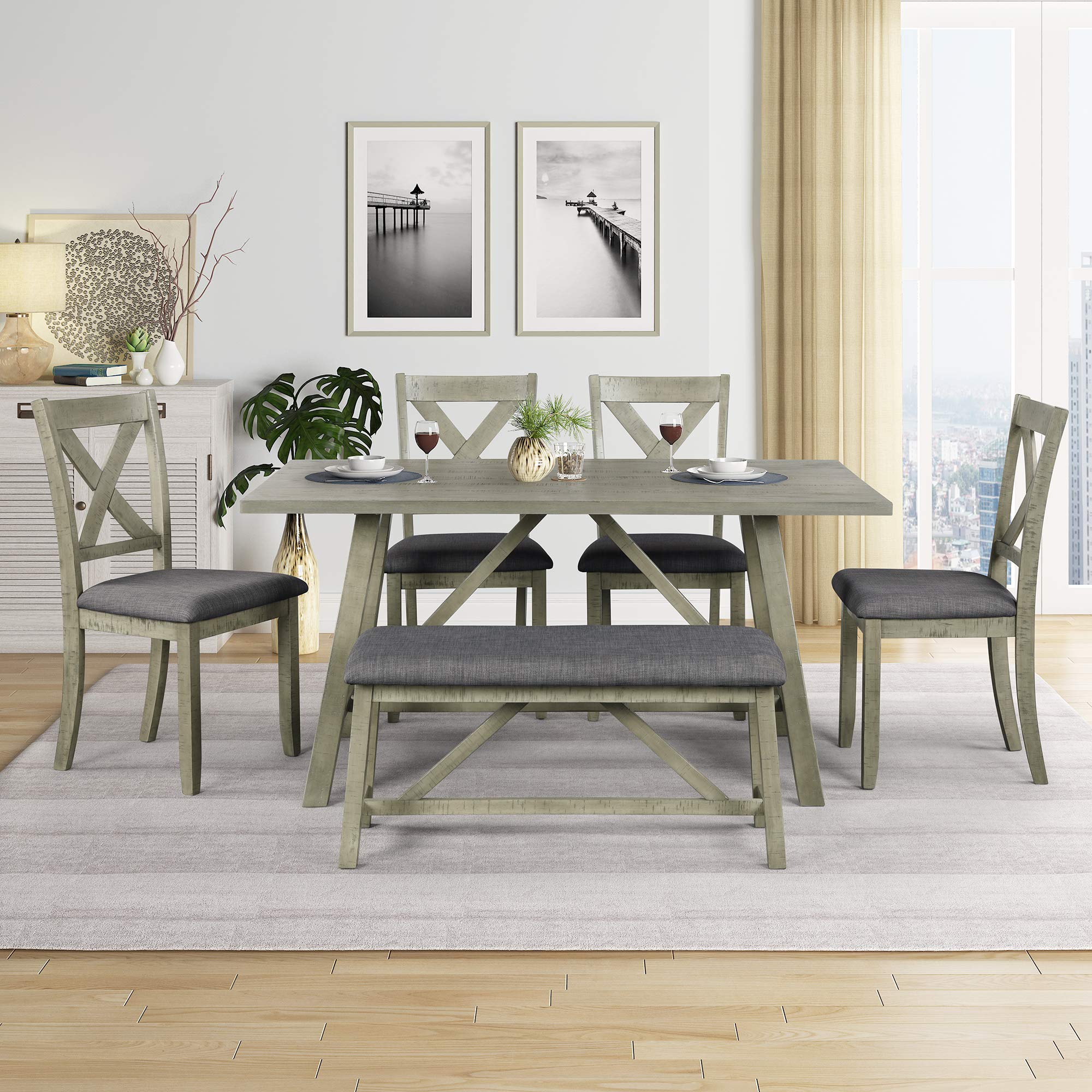 Vintage Style 6-Piece Dining Table Set with 4 Padded Chairs & Bench - Retro Kitchen & Dining Room Furniture for Small Spaces | Perfect for Family Meals, Entertaining & Cozy Breakfast Nooks