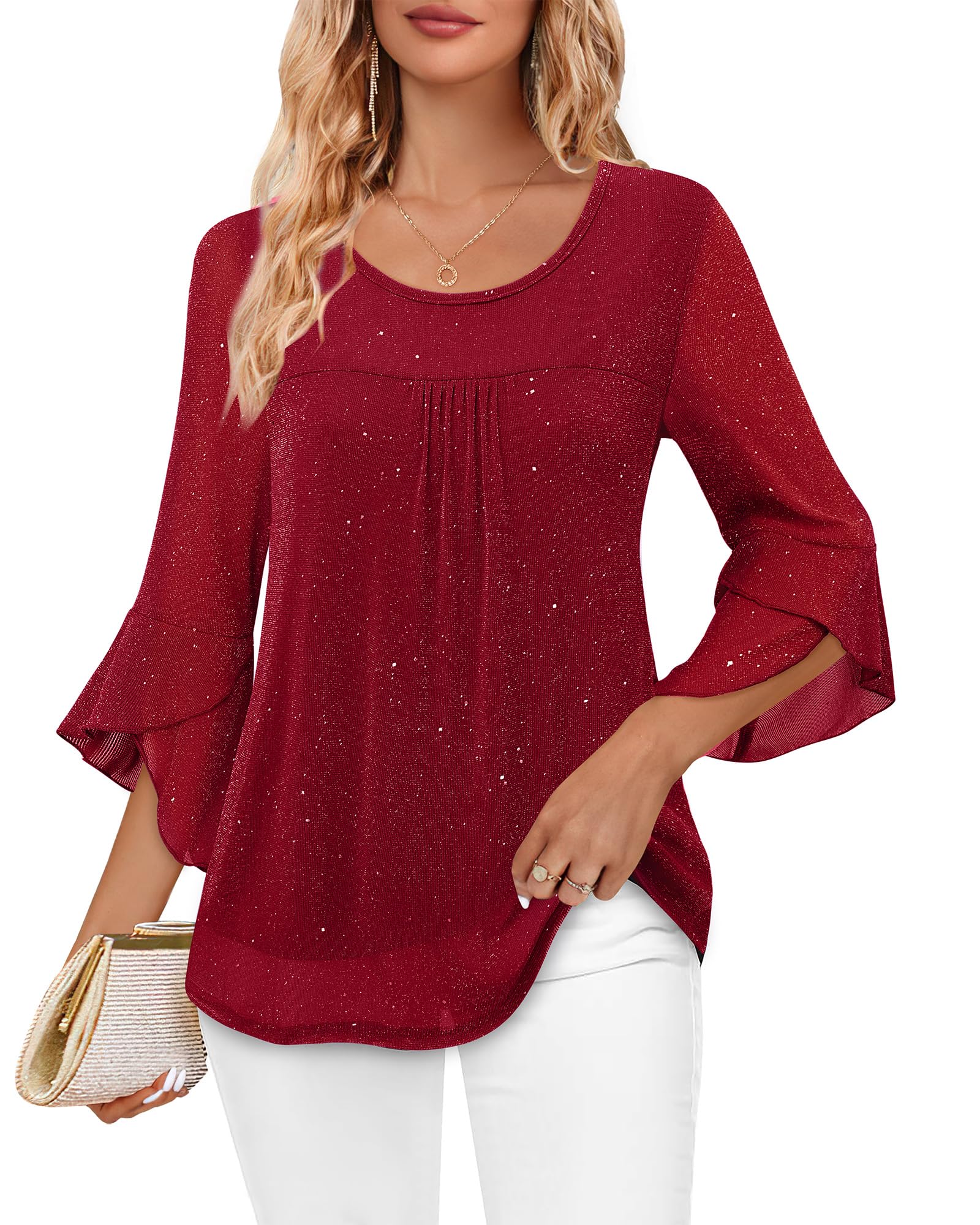 Bebonnie Women's Elegant Ruffle 3/4 Sleeve Crew Neck Blouse - Double Layer Mesh Tunic Top for Office, Party & Special Occasions