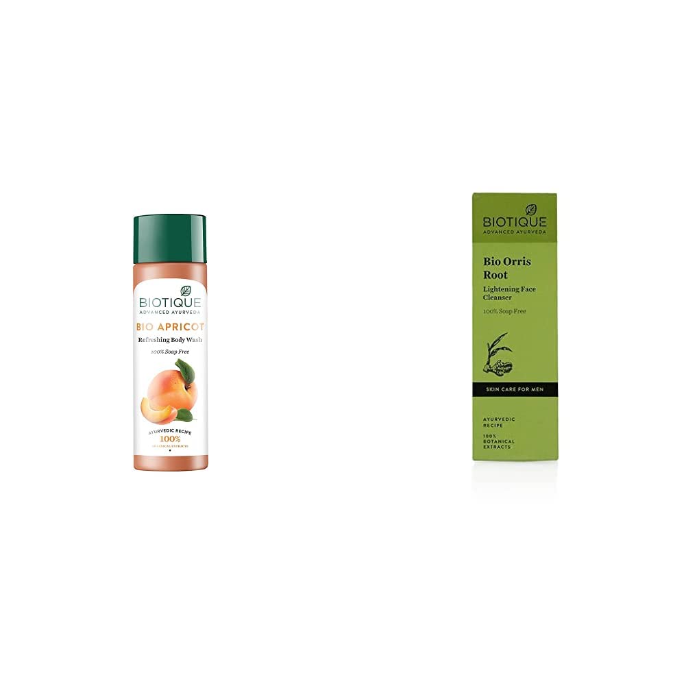 Biotique Bio Apricot Refreshing Body Wash 190ml & Bio Orris Root Brightening Face Cleanser for Men - 100% Soap Free, 120ml - Hydrating & Gentle Skincare for Daily Use - Perfect for Morning & Night Routine