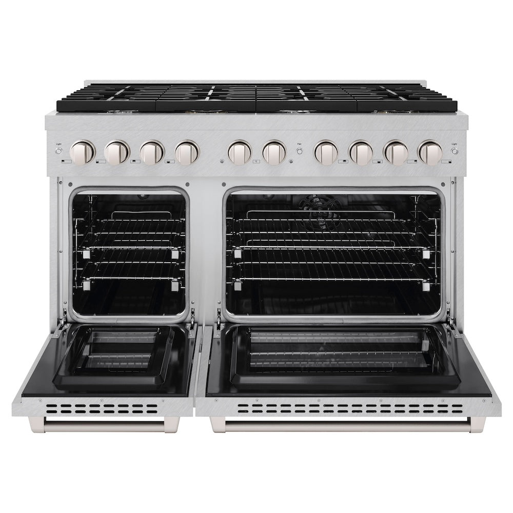 ZLINE 48-inch 6.7 cu. ft. Paramount Double Oven Dual Fuel Range with 8-Burner Gas Cooktop in Satin Stainless Steel (SDRS 48) - Perfect for Large Kitchens, Professional Chefs & Home Cooking Enthusiasts
