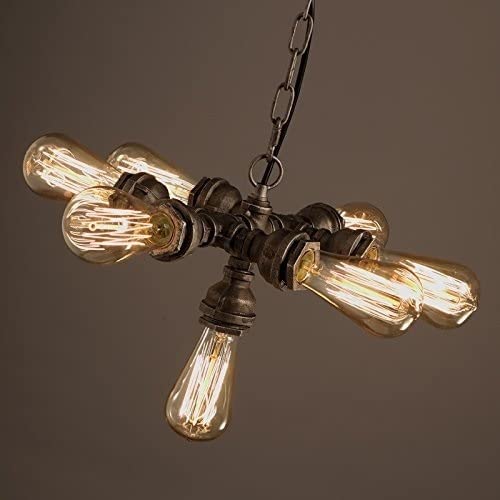 7-Lights Industrial Retro Tube Pendant Light - Vintage Steampunk Rustic Water Pipe Chandelier - Metal Iron Ceiling Lamp for Kitchen, Farmhouse, Cafe, Pub, Restaurant, Hall, Hotel - Perfect for Dining Room Lighting & Commercial Spaces