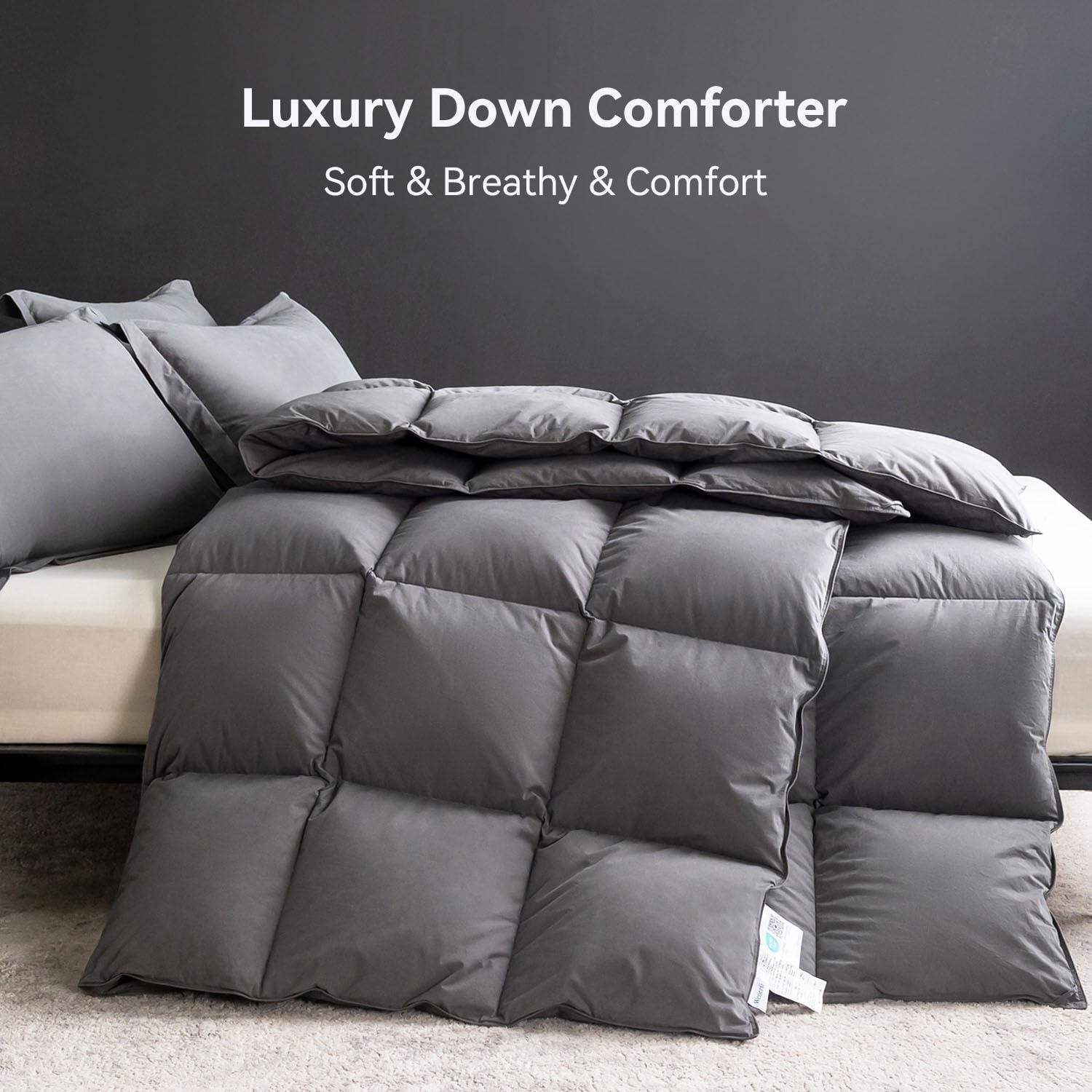 Premium 750+ Fill Power Feather Down Comforter - Full/Queen Size Hotel Luxury Bedding | 100% Organic Cotton 1200TC All-Season Grey Duvet Insert with 8 Corner Tabs | Perfect for Master Bedroom, Guest Room & Cozy Winter Nights