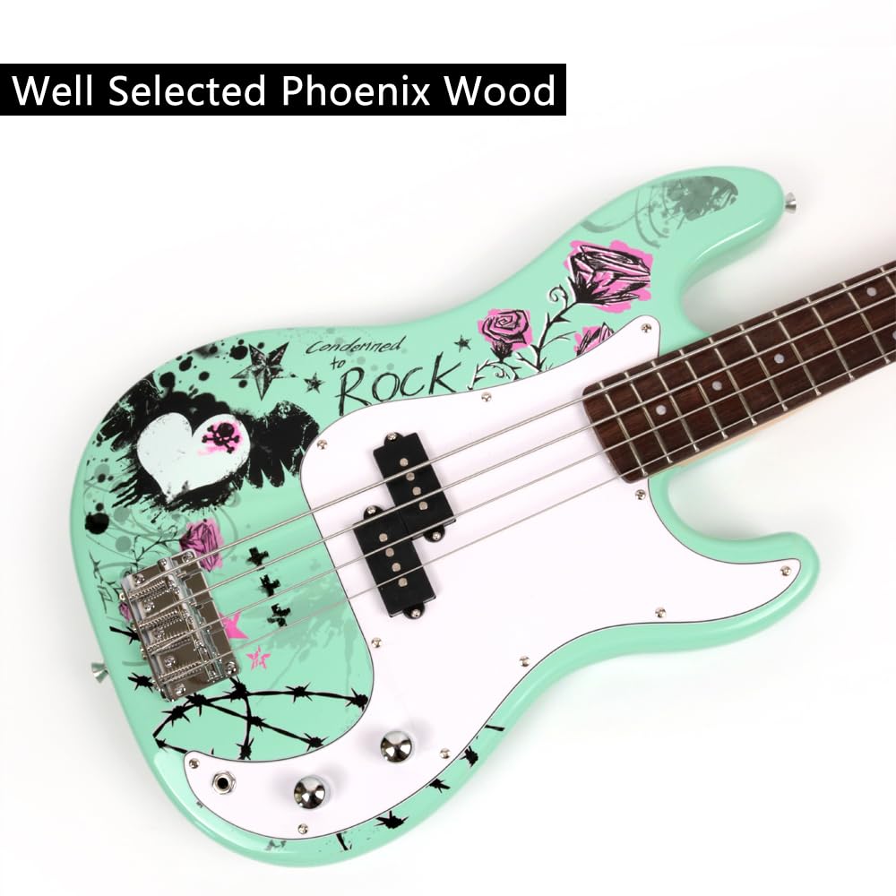 Premium Full Size 4-String Electric Bass Guitar for Right-Handed Players - Phoenix Body in Green Rock Finish with Gig Bag | Perfect for Live Performances, Studio Recording & Rock Music Practice