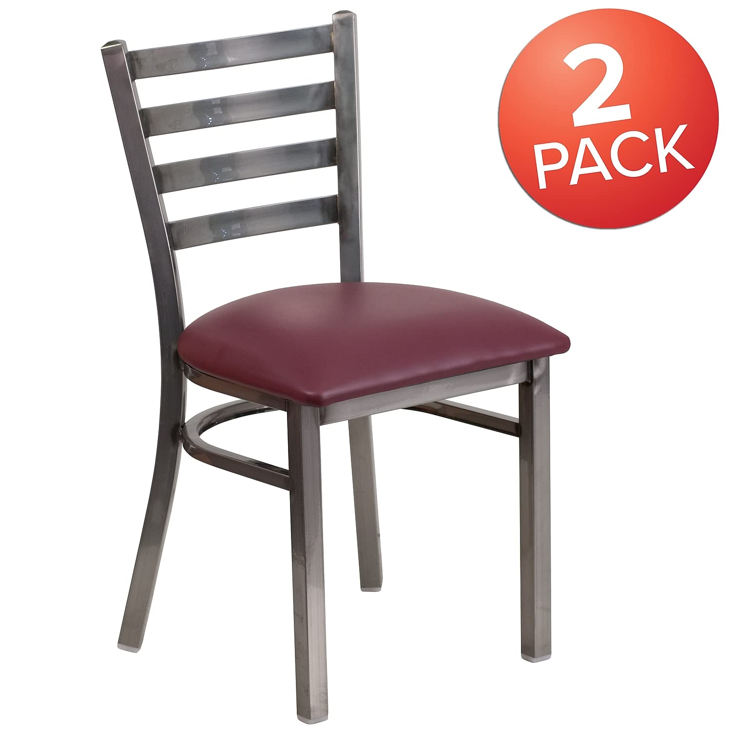 Flash Furniture 2-Pack HERCULES Series Metal Ladder Back Restaurant Chairs with Clear Coating & Burgundy Vinyl Seating - Durable Commercial Dining Chairs for Cafes, Bistros and Home Kitchens
