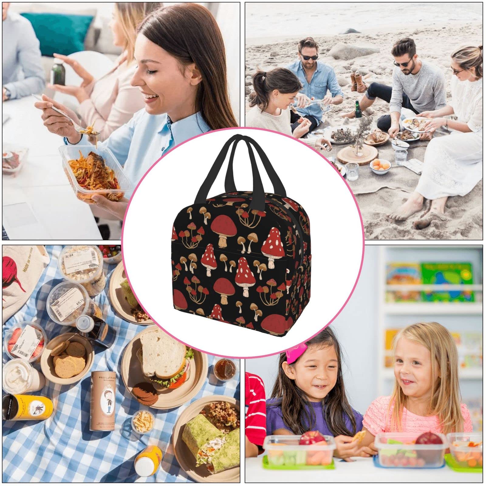 Insulated Lunch Box with Red Mushrooms Print - Reusable & Portable Meal Container for Men & Women - Perfect for Work, Travel, Picnic & Outdoor Activities
