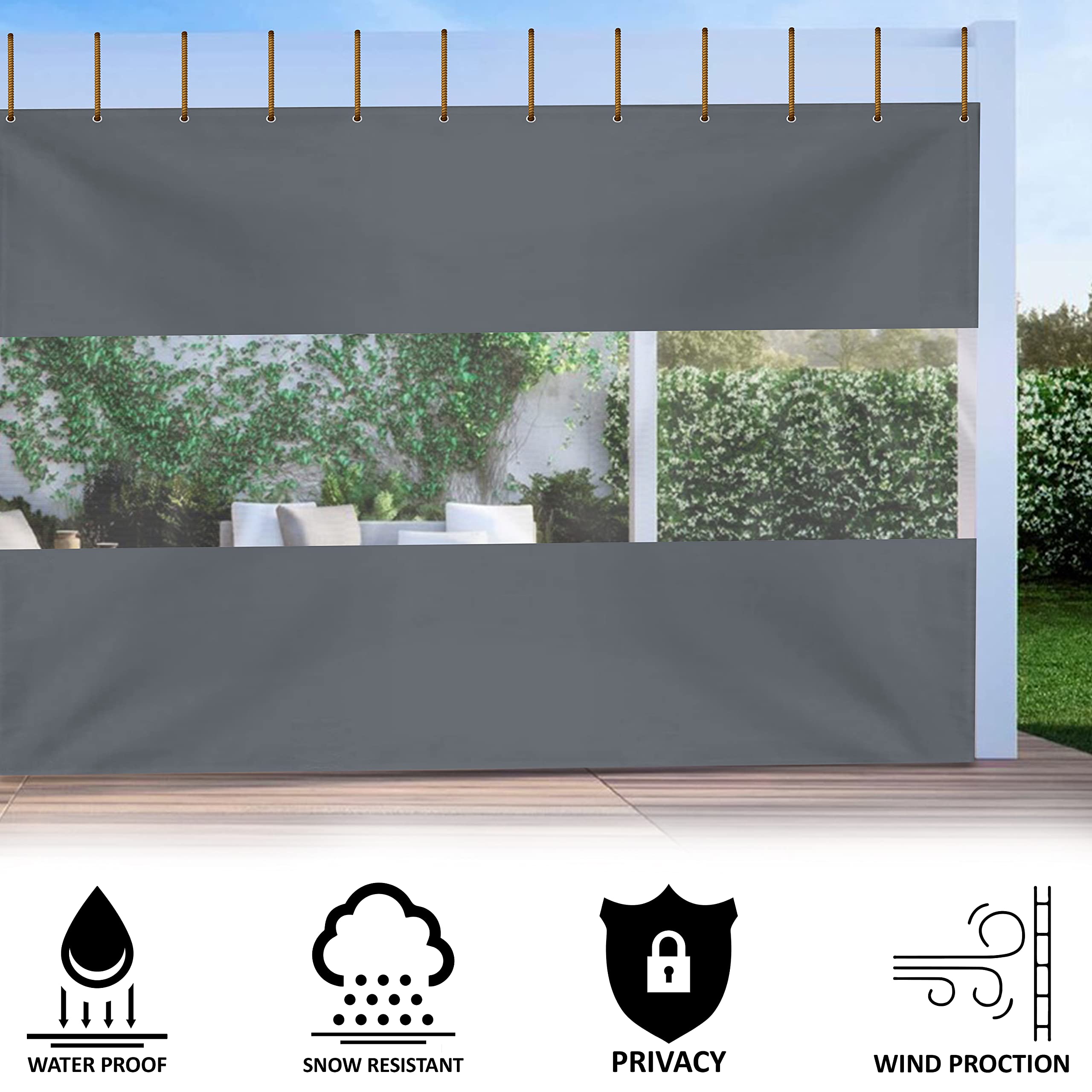 12 oz Vinyl Clear Panel Outdoor Curtains - Waterproof & Weather Resistant Patio Covers with Brass Grommets for Pergola, Porch, Gazebo, Balcony - Perfect for Sun Protection, Privacy & Outdoor Living (15' H x 9' W, Gray)