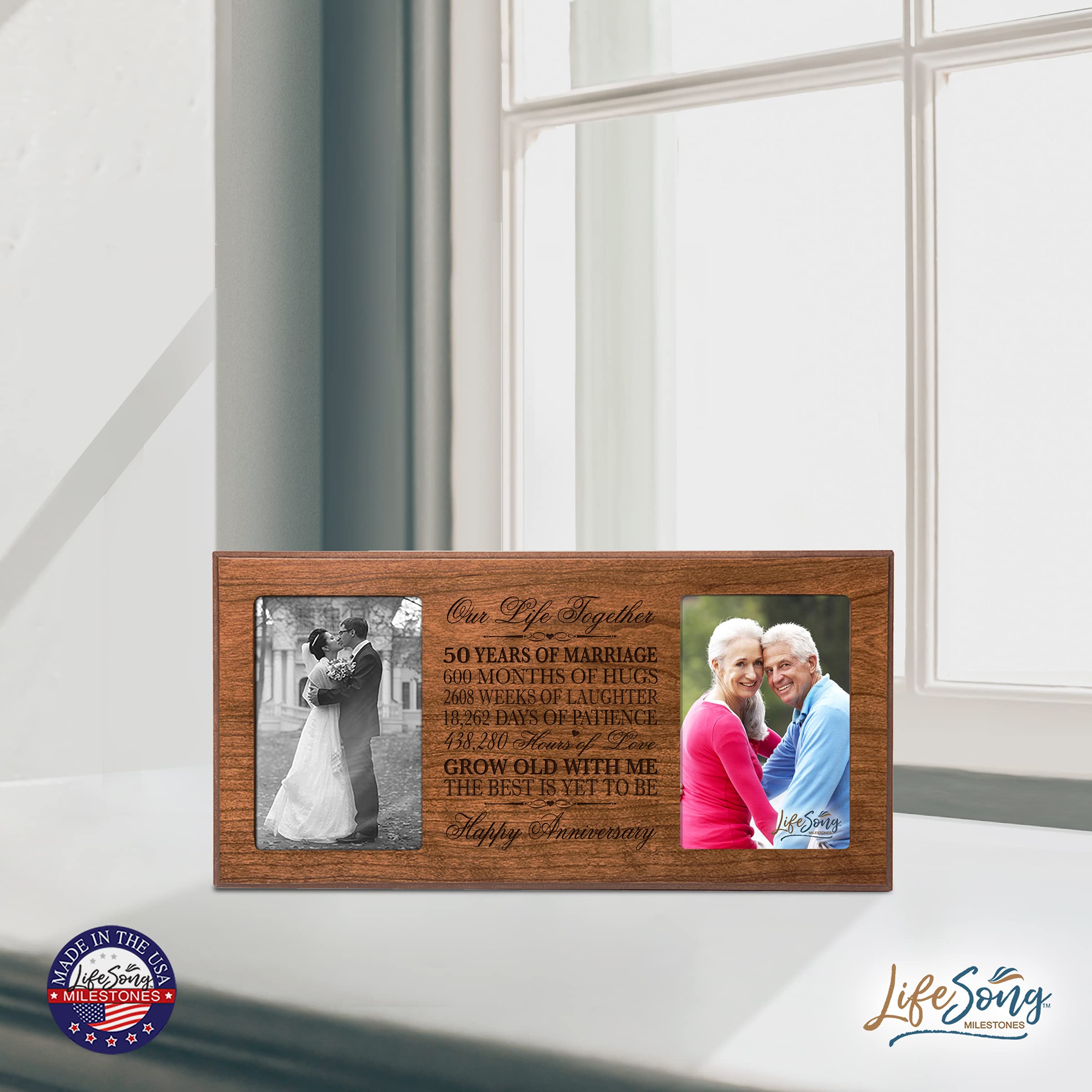 LifeSong Milestones 50th Anniversary Picture Frame - Golden Cherry Wood Wedding Gift for Couples - Perfect for Displaying 50th Wedding Anniversary Photos & Celebrating Milestone Memories