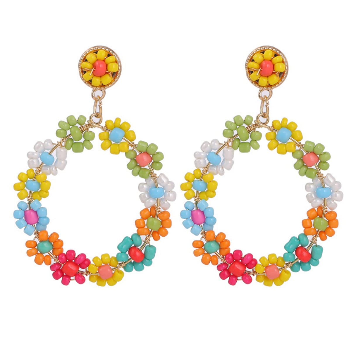 Resin Beaded Hoop Earrings for Women - Colorful Rice Bead Circle Flower Dangle Drop Earrings Jewelry | Perfect for Parties, Weddings & Everyday Wear