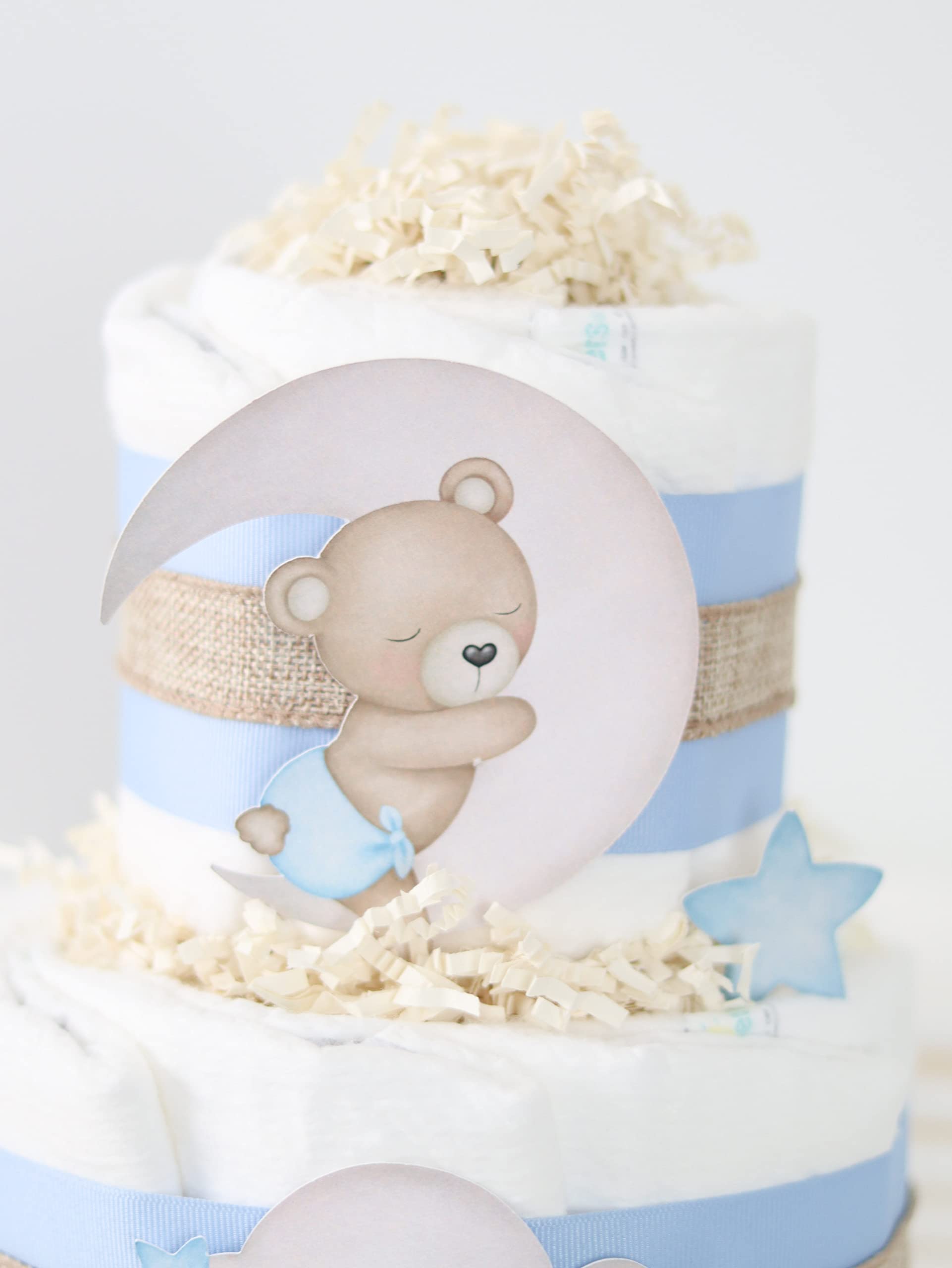 Blue Teddy Bear Diaper Cake - Adorable Baby Shower Centerpiece & Newborn Boy Gift (Moon & Stars Theme) - Perfect for Gender Reveal Parties, Nursery Decor & 1st Birthday Celebrations