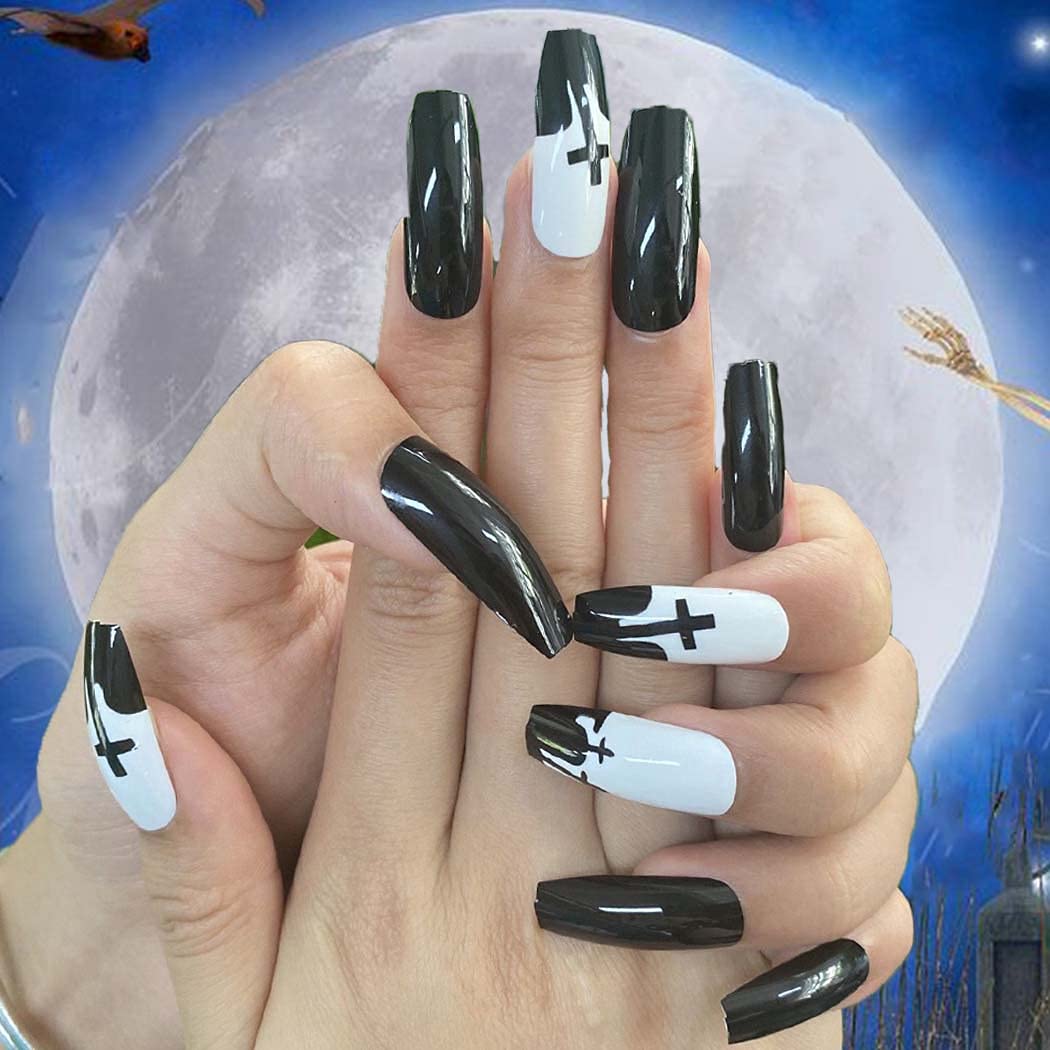 **24Pcs Halloween Press on Nails - Glossy Extra Long Coffin Fake Nails, Black & White Acrylic False Nails for Women & Girls | Full Cover Stick on Nails for Parties, Cosplay & Costume Events**