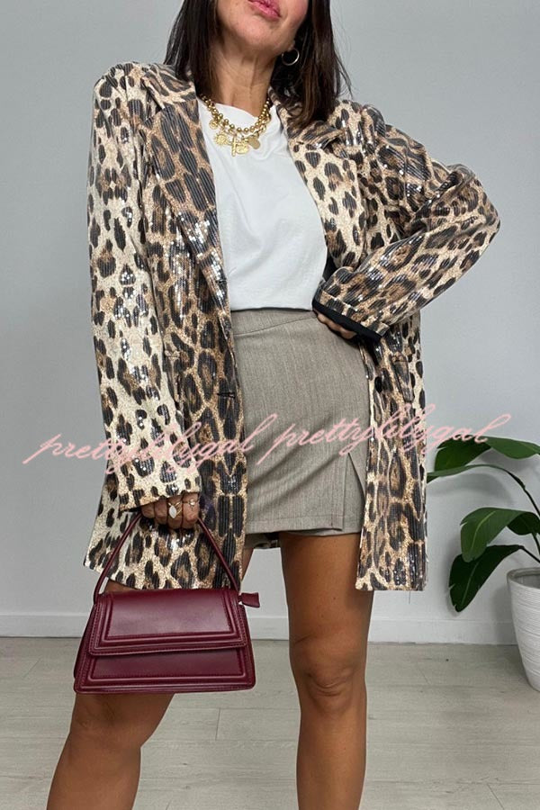 Ignite My Heart Sequin Leopard Print Lapel Oversized Blazer - Women's Fashion Statement Jacket for Parties, Night Out & Special Occasions