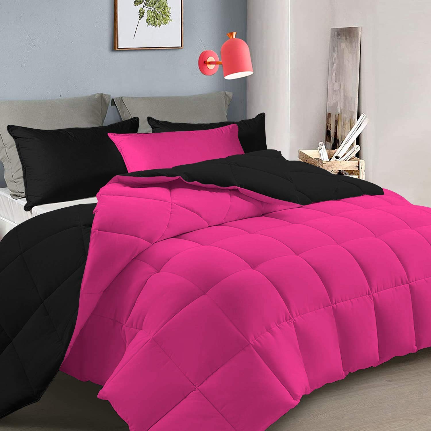 All-Season 3-Piece Reversible Down Alternative Comforter Set - 500 GSM Soft Cotton Quilted Bedding | Queen/Full Size in Black & Hot Pink | Perfect for Year-Round Comfort in Bedroom, Guest Room & Dorm