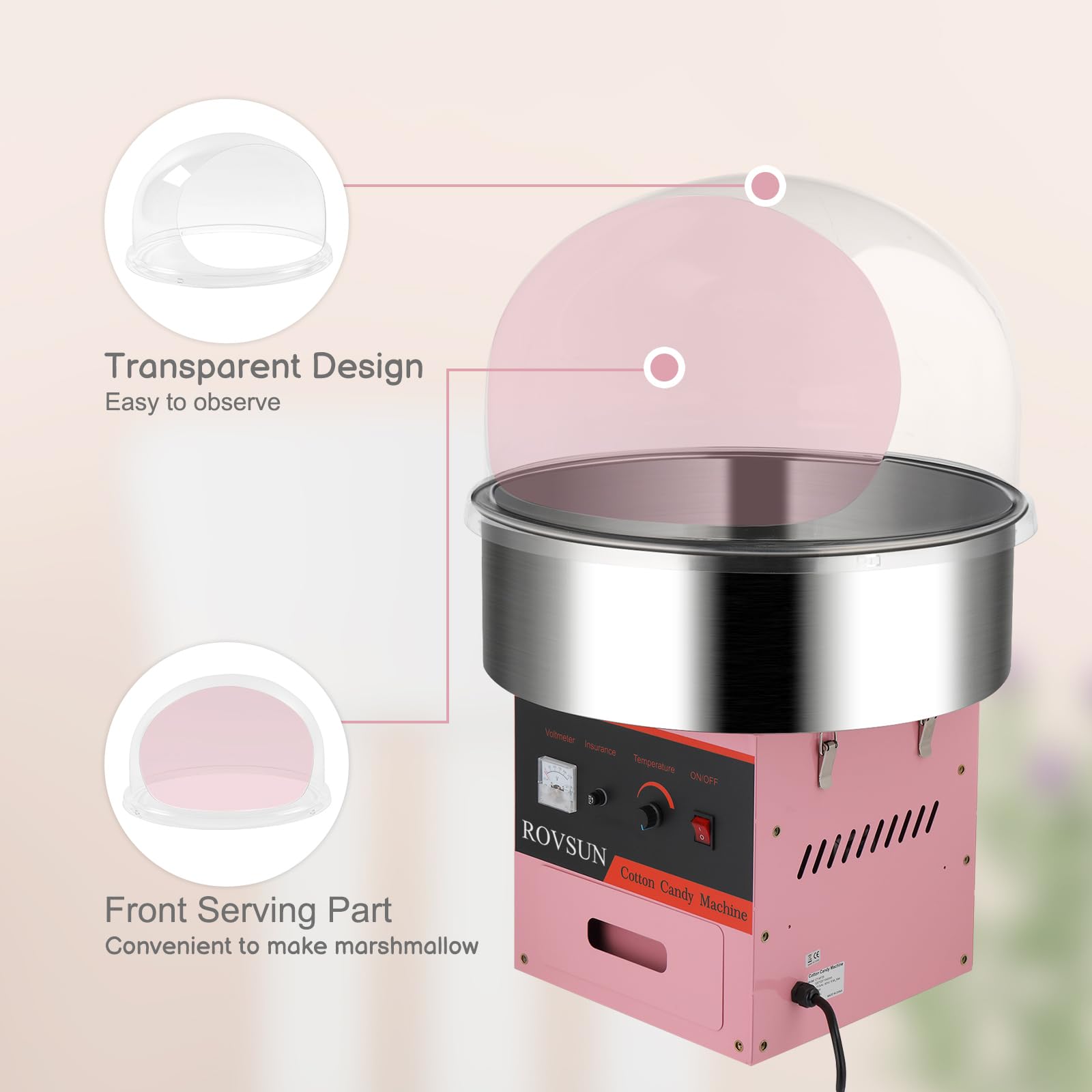 ROVSUN 21 Inch Commercial Cotton Candy Machine - Electric Candy Floss Maker with Stainless Steel Bowl, Cover, Sugar Scoop & Drawer - Perfect for Home, Parties, Carnivals & Events (Pink)