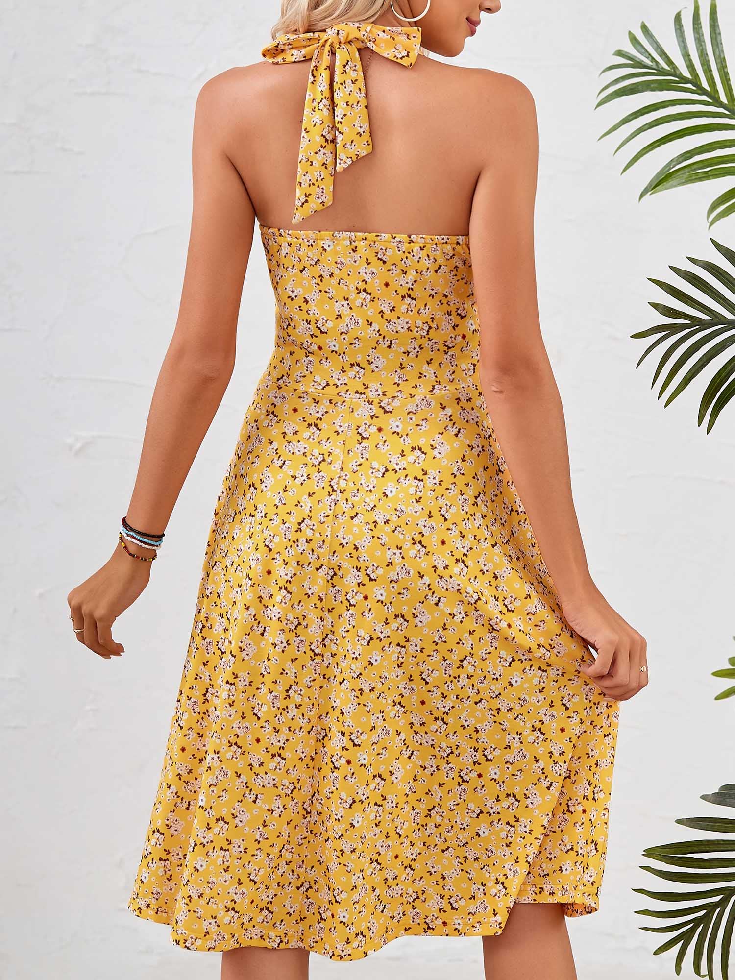 HUHOT Women's Summer Sundress - Sleeveless Halter Neck Floral Mini Dress with Pockets, Elastic Waist & Ruffle Trim | Perfect for Beach Vacation, Spring Outings & Summer Parties 2025