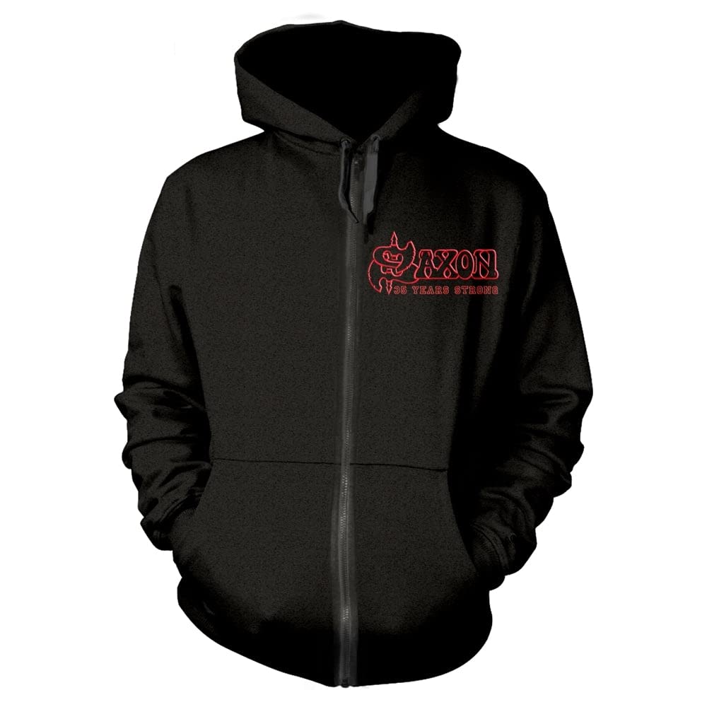 Saxon Strong Arm of The Law Band Logo Official Men's Black Zip Up Hoodie Size L - Perfect for Concerts, Casual Wear & Rock Music Fans