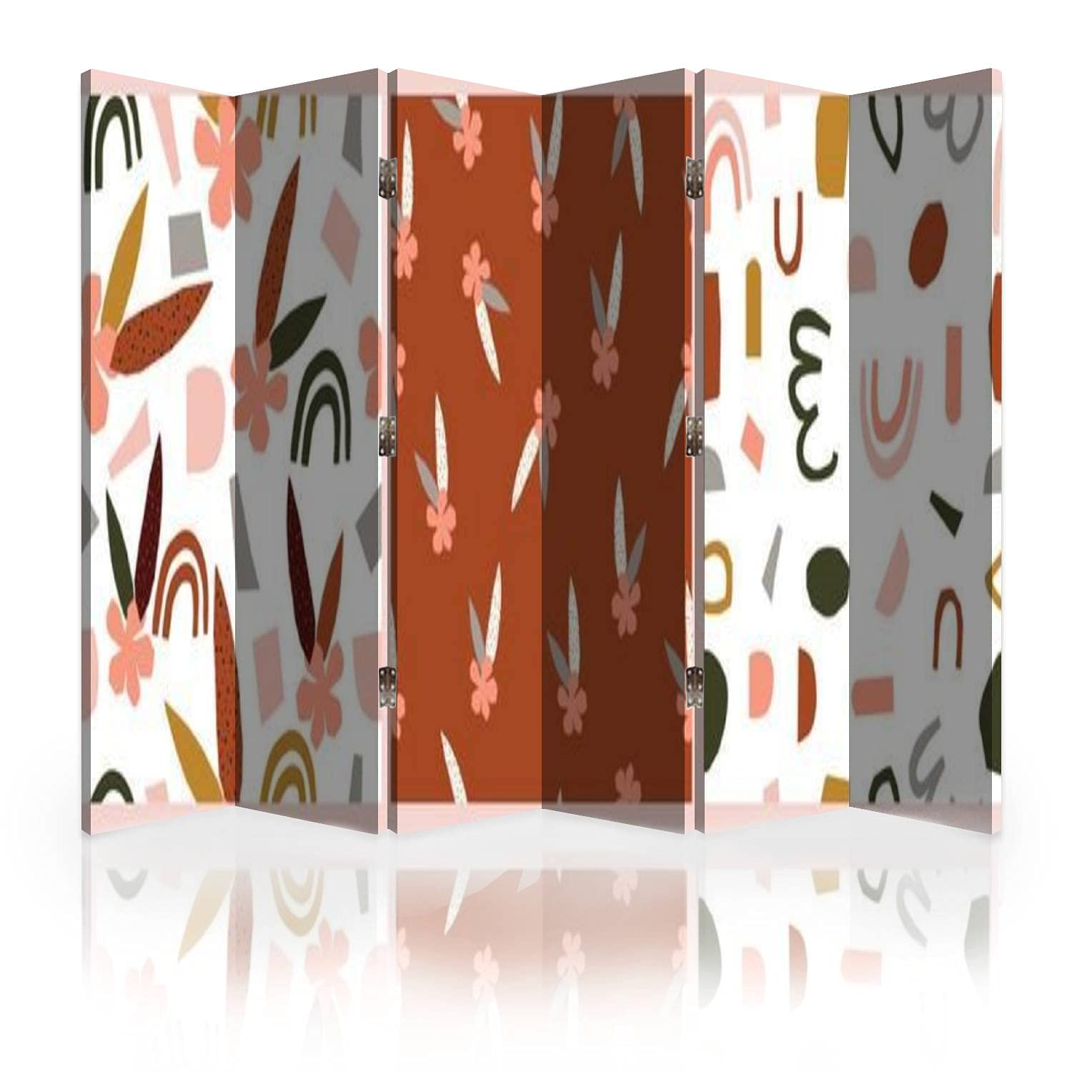 6-Panel Folding Room Divider Screen with Paper Cutout Shapes Pattern in Peach, Mustard Green & Rust - Canvas Privacy Partition Wall for Bedroom, Office & Living Room