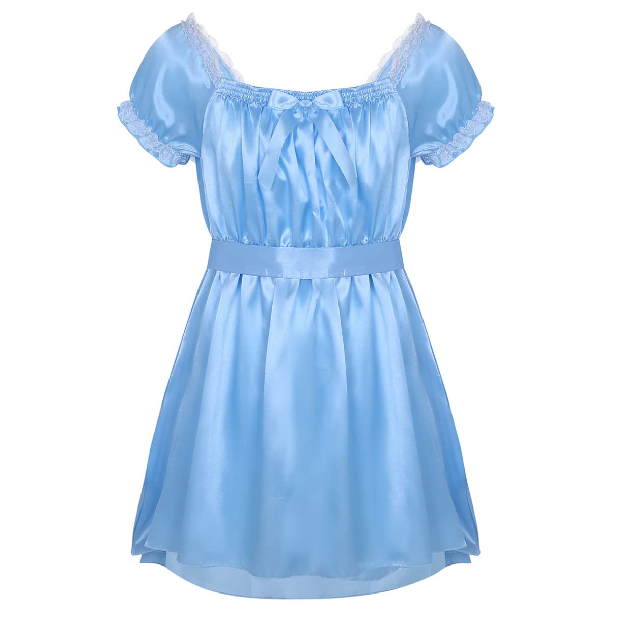 EasyForever Men's One Piece Silky Satin Lace Trim Ruffled Dress - Elegant Crossdressing Costume for Parties, Cosplay & Special Occasions