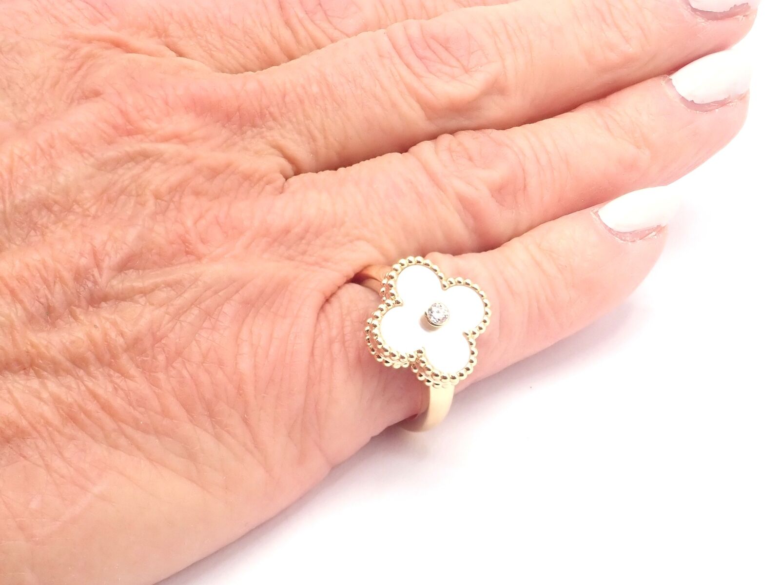 Van Cleef & Arpels Vintage Alhambra 18k Yellow Gold Mother of Pearl Diamond Ring - Luxury Jewelry for Women, Elegant Gift for Anniversary & Special Occasions