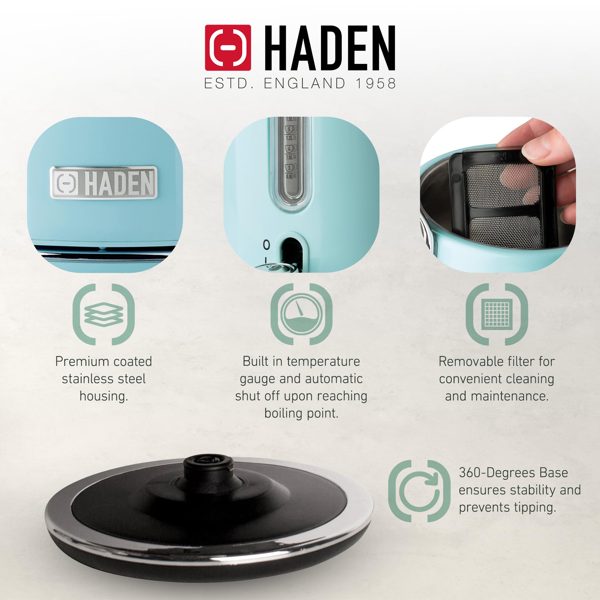 HADEN 12 Cup Drip Coffee Maker with 1.7L Stainless Steel Electric Kettle Set - Turquoise & Chrome - Perfect for Home, Office & Kitchen Use