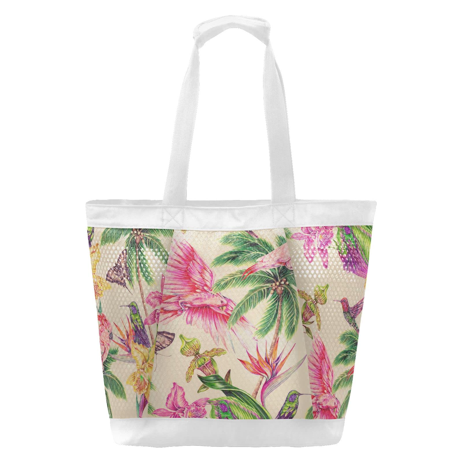 J JOYSAY Tropical Leaves Parrot Hummingbirds Mesh Beach Tote Bag - Large Waterproof Sandproof Gym & Beach Bag for Women - Perfect for Pool Parties, Vacation Travel & Summer Outings