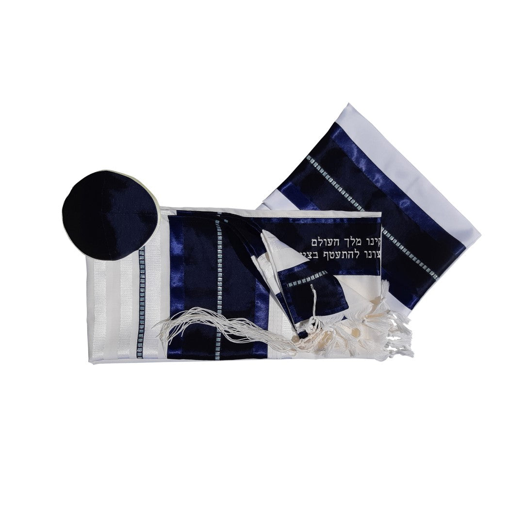 White and Blue Men's Tallit Prayer Shawl - Bar Mitzvah Tallit Set with Tzitzit Fringes - Perfect for Jewish Religious Ceremonies & Synagogue Worship