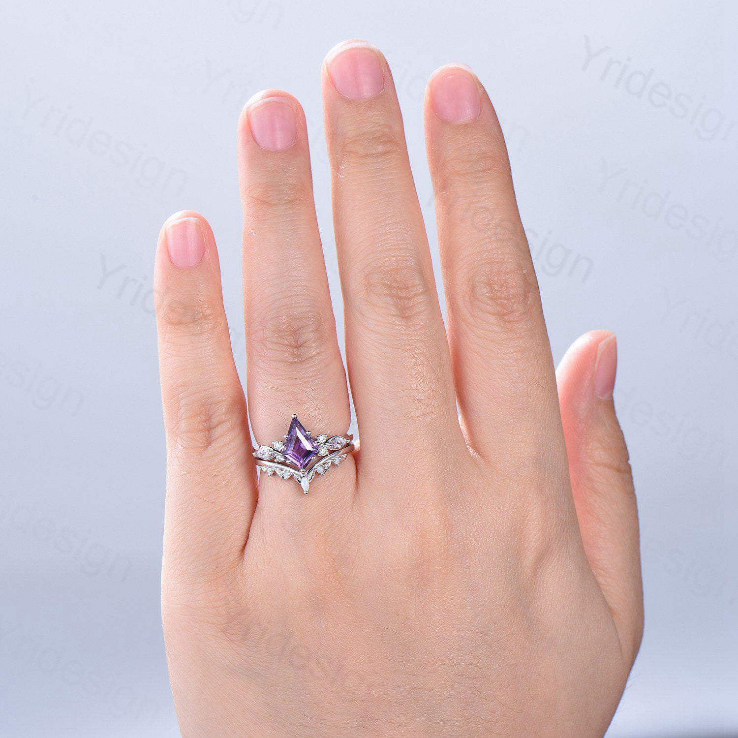 1.5CT Kite Cut Amethyst Engagement Ring Set for Women - Marquise Lavender Amethyst Wedding Band with Opal Leaf Stacking Ring - Birthstone Jewelry for Anniversary, Proposal & Special Occasions