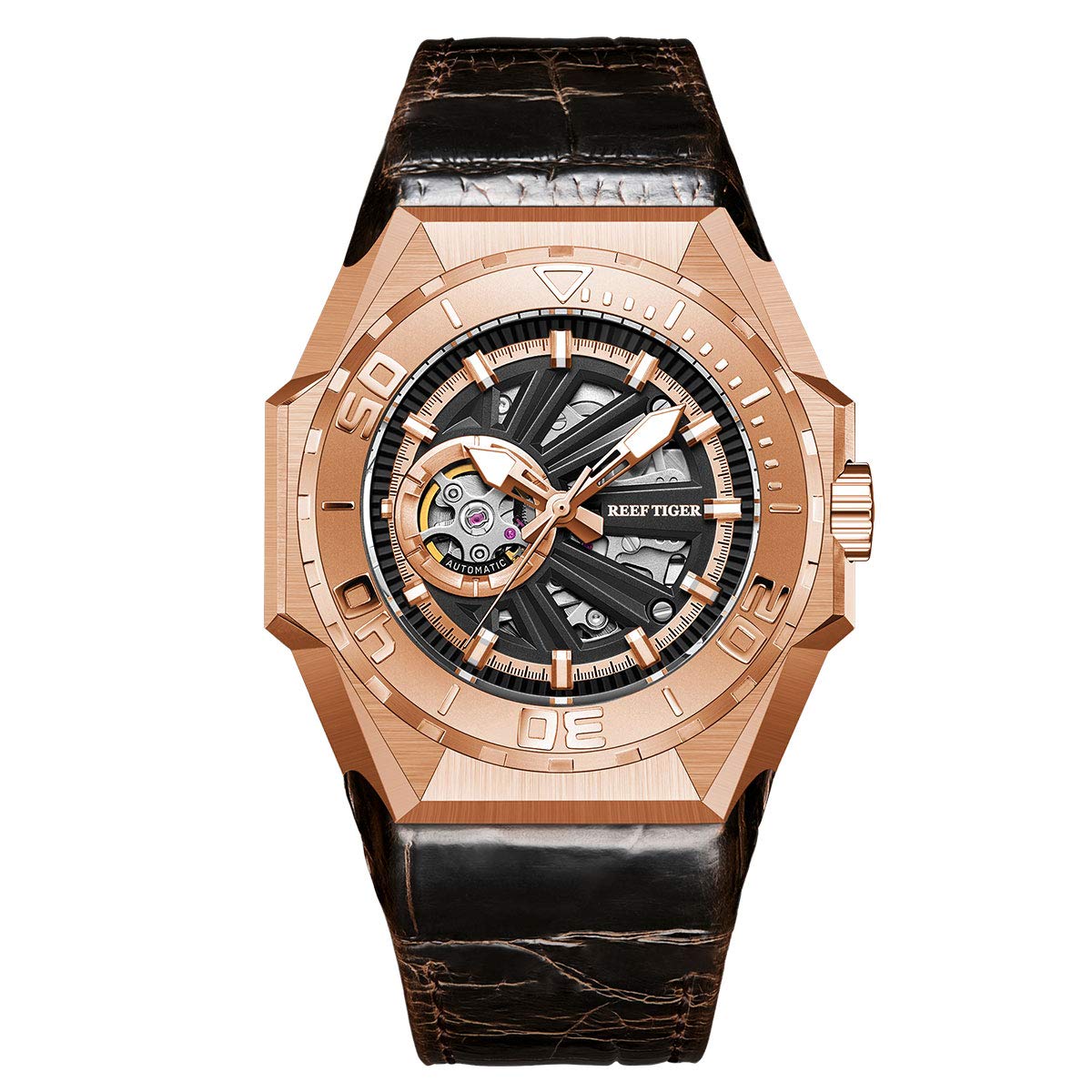 REEF TIGER Men's Skeleton Automatic Diving Watch - Military Style Mechanical Watch with Leather Strap RGA6903-S - Perfect for Scuba Diving, Outdoor Adventures & Formal Occasions