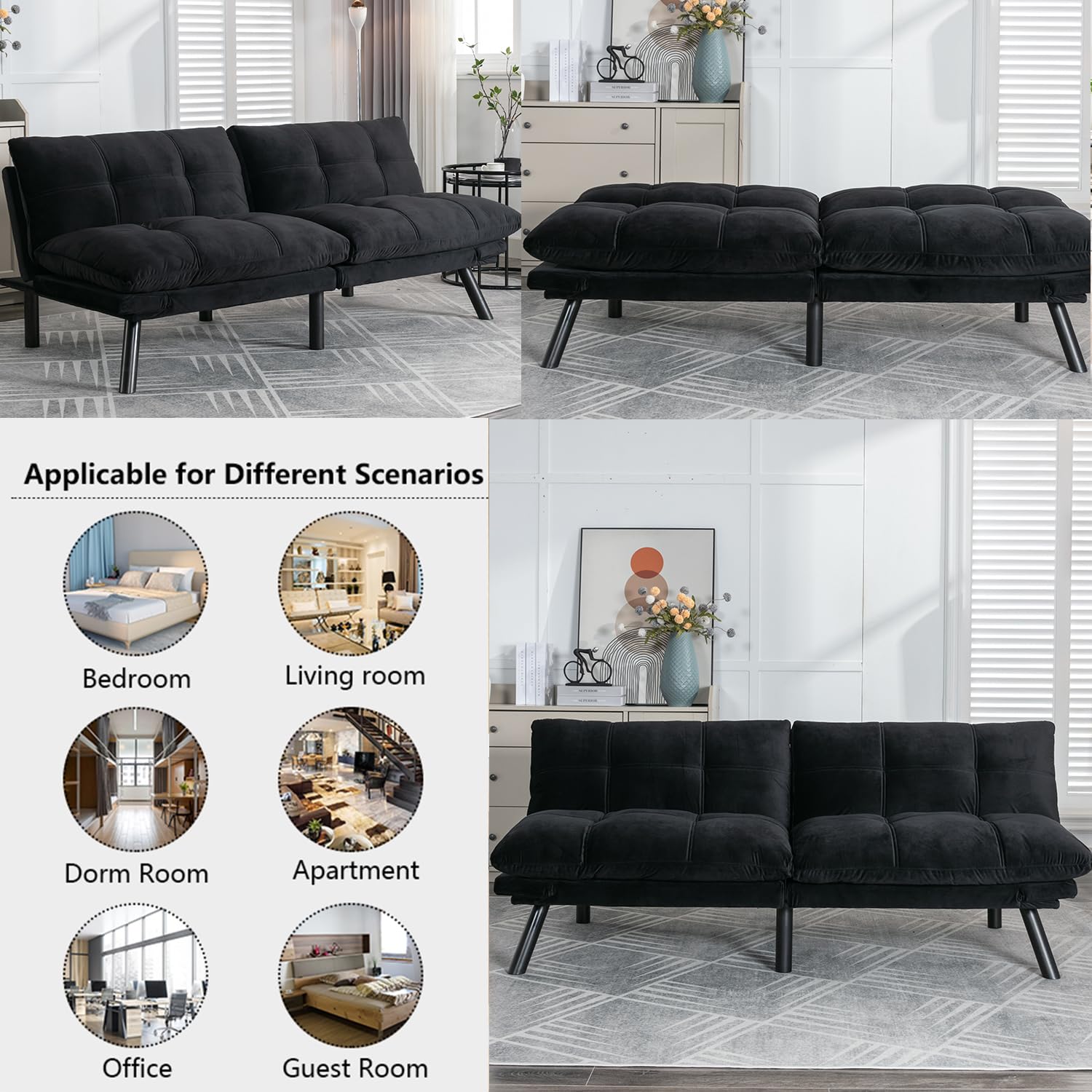 Convertible Futon Sofa Bed - Foldable Breathable Small Couch for Compact Spaces | Perfect for Studio Apartments, Living Rooms, Bedrooms, Offices & Dorm Rooms | Multi-Functional Loveseat (Black) - Great for Guest Sleeping, Relaxing & Small Space Living
