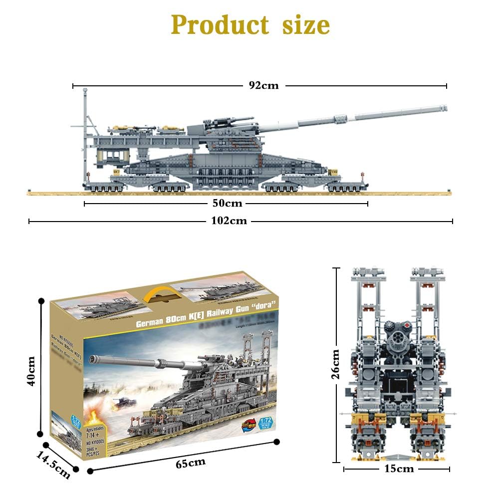 Feleph Military Railway Gun Building Blocks - WWII German Heavy Cannon Gustaf Dora 80cm K(E) Tank Set - 1/72 Scale Model Kit for Adults & Teens (3846 Pieces) - Perfect for History Buffs, Collectors & Model Enthusiasts