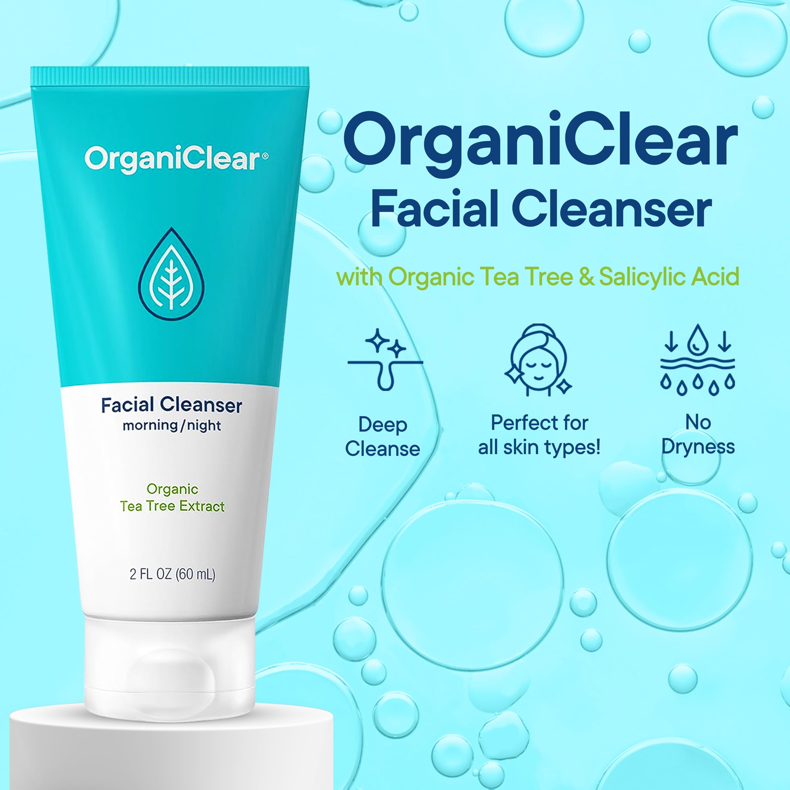 Organic Tea Tree & Salicylic Acid Facial Cleanser - Gentle Foaming Face Wash for Deep Cleansing, Makeup Removal & Acne Control - Unclogs Pores, Removes Dirt & Oil Without Dryness (2 oz) - Perfect for Daily Skincare Routine & Travel