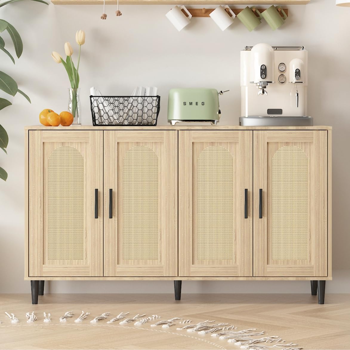 Rattan Buffet Cabinet with 4 Doors & Storage - Natural Wood Sideboard for Dining Room, Kitchen, Hallway | Accent Cabinet, Cupboard Console Table | Perfect for Entertaining, Storage & Home Decor