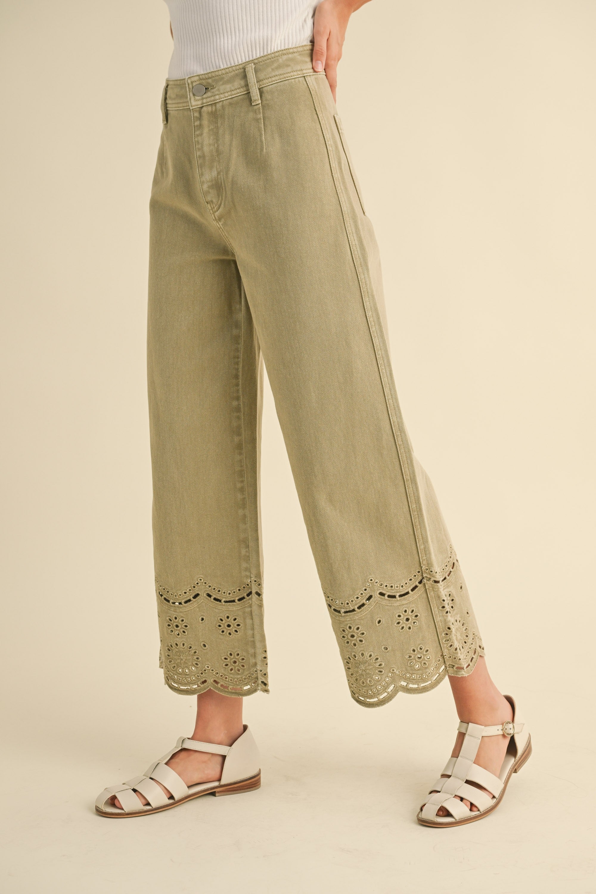 Sage Green Eyelet Wide Leg Denim Jeans for Women - Boho Chic High Waisted Distressed Jeans | Perfect for Summer Outfits, Beach Vacations & Casual Wear