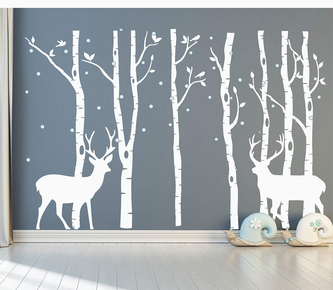 Birch Tree Deer Wall Decal - Removable Forest Nursery Vinyl Sticker for Kids Bedroom Decor - Nature-Themed Nursery Wall Art (White) - Perfect for Baby Rooms, Children's Bedrooms & Playroom Decor