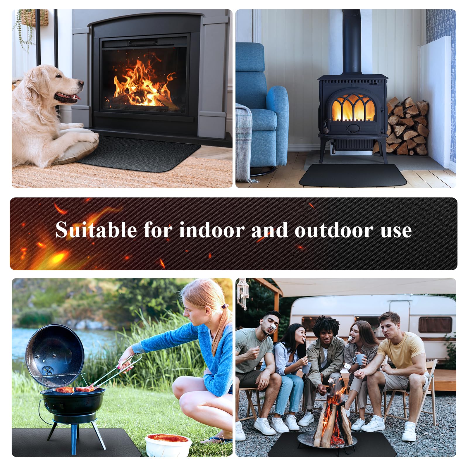 Fireproof Hearth Rug 28x48 Inches - Heat Resistant Fireplace Mat for Wood Stove & Outdoor Use | Fire-Resistant Floor Protector for Patio, BBQ & Indoor Fireplace Safety - Black