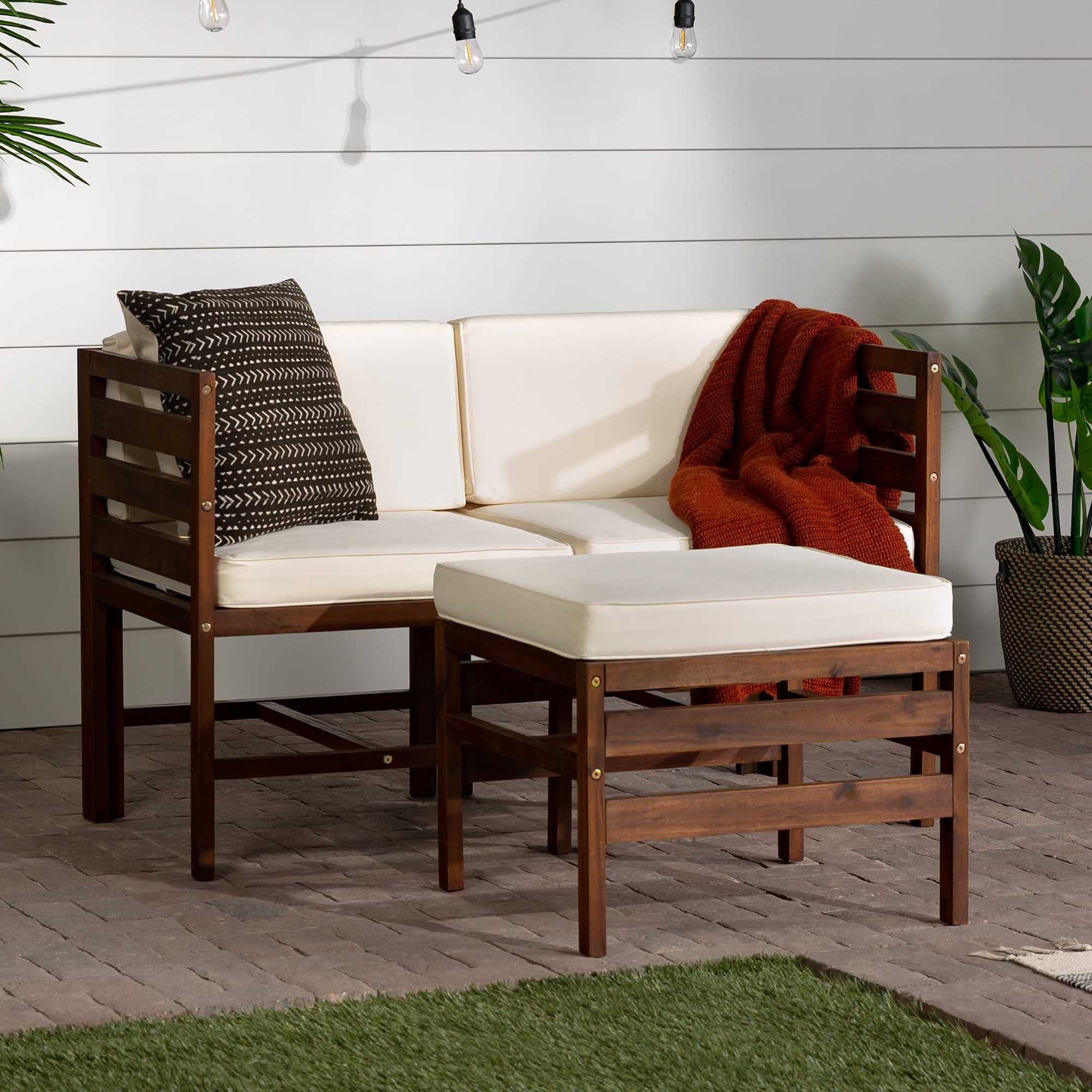 Walker Edison Ravello 3-Piece Acacia Wood Outdoor Modular Chat Set with Cushions - Dark Brown Patio Furniture for Garden, Deck, Poolside & Backyard Relaxation