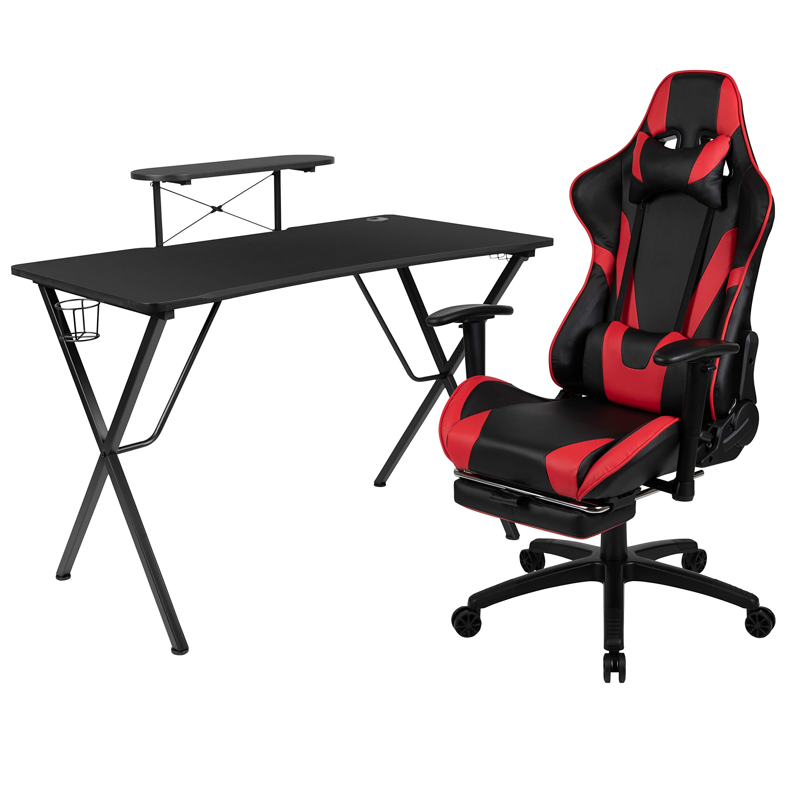 Premium Black Gaming Desk & Chair Set with Cup Holder, Headphone Hook & Monitor Stand - Ergonomic PC Gaming Setup for Home Office & Streaming Stations