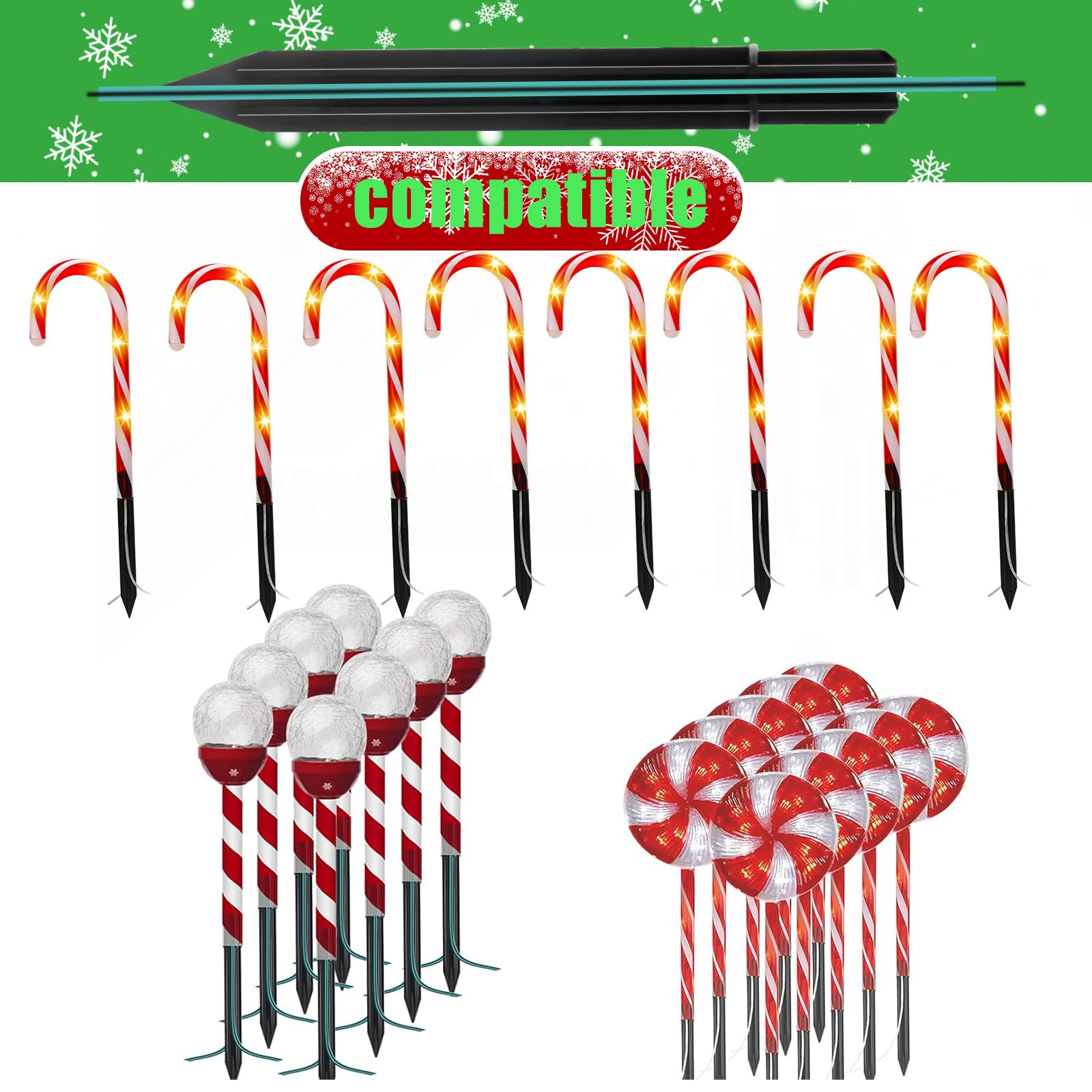 12PCS Christmas Candy Cane Light Replacement Stakes - 0.7 x 6.05 Inch Plastic Pathway Marker Spikes for Outdoor Holiday Decorations, Perfect for Securing Candy Cane Lights in Yards, Walkways and Driveways During Christmas Season
