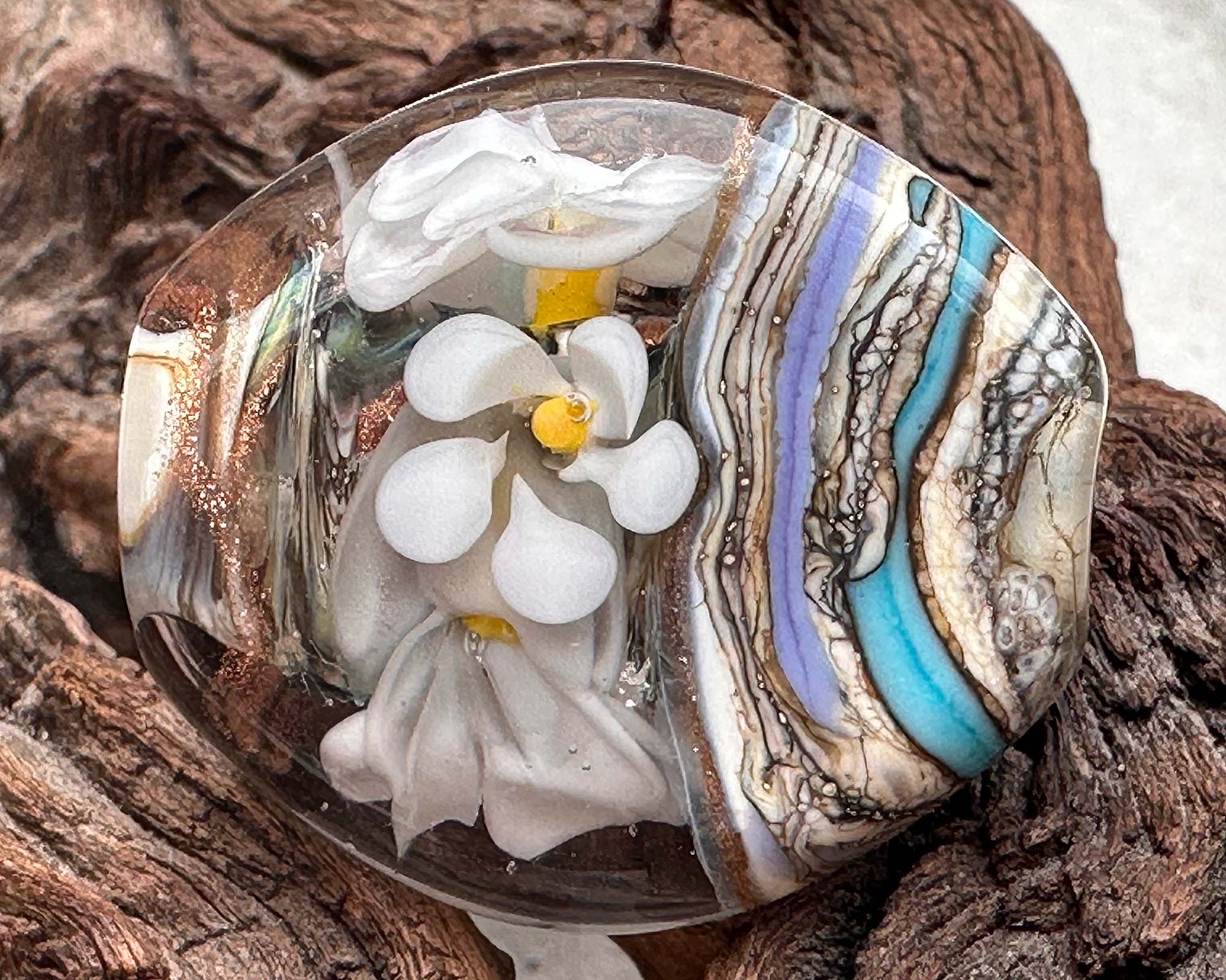 Handmade White Floral Organic Lampwork Glass Focal Bead for Jewelry Making - Perfect for Necklaces, Bracelets, and DIY Crafts