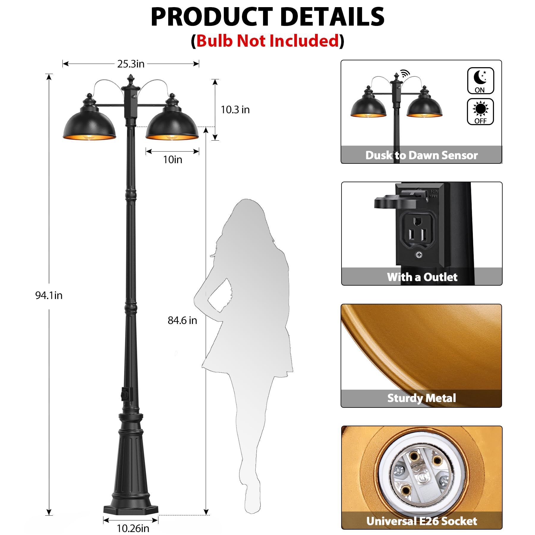 APOTO Dusk to Dawn Outdoor Lamp Post Lights with GFCI Outlet - Double Head Farmhouse Street Light Fixture - Black Aluminum Waterproof Lantern for Garden, Patio, Driveway & Walkway Lighting - Weatherproof Exterior Pole Lights for All Night Illumination
