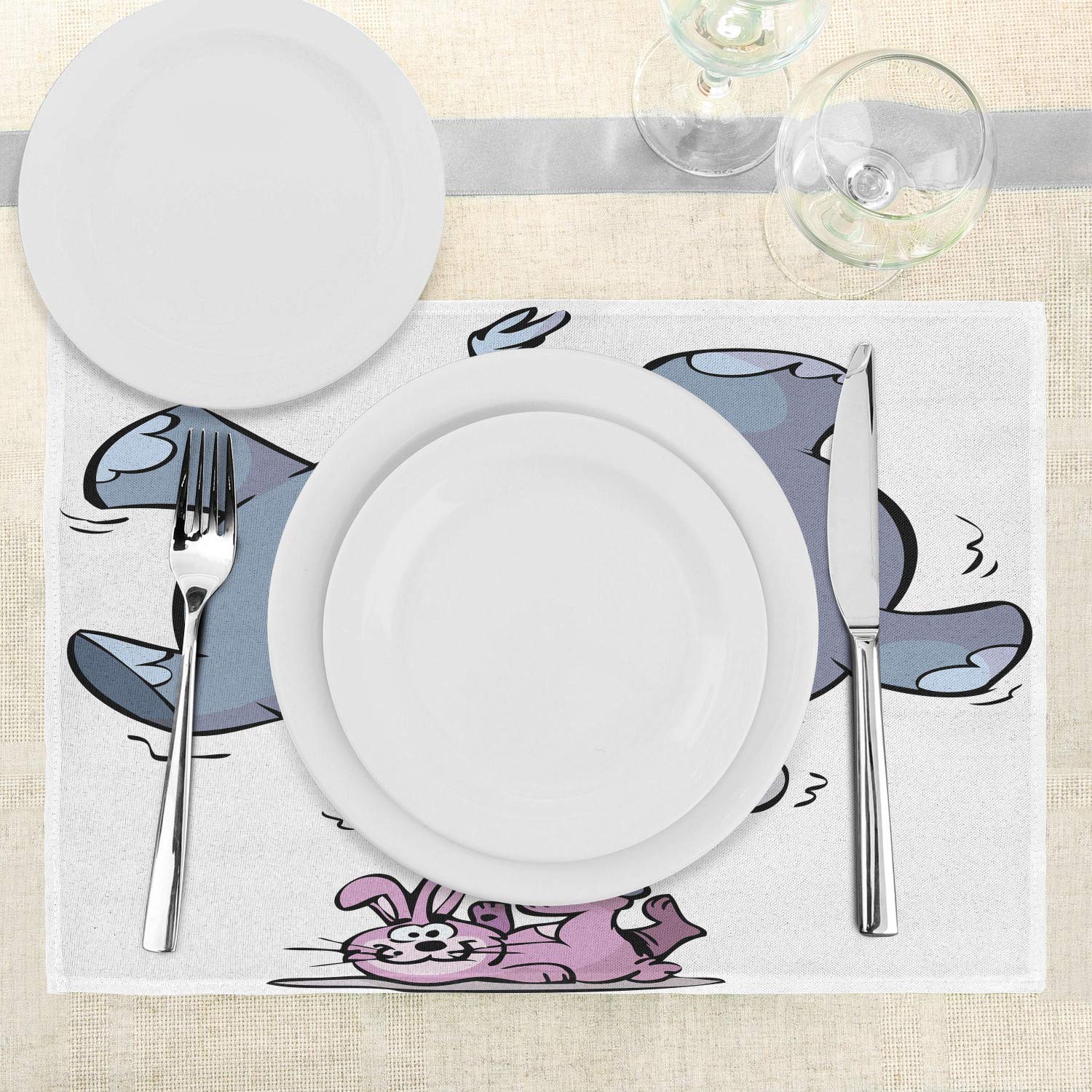 Ambesonne 4-Pack Elephant Place Mats Set - Funny Rabbit Balancing Big Elephant Cartoon Design, Washable Fabric Table Mats for Dining Room & Kitchen Decor in Grey, Pink & White - Perfect for Parties, Circus Themes & Animal Lovers' Home Decor