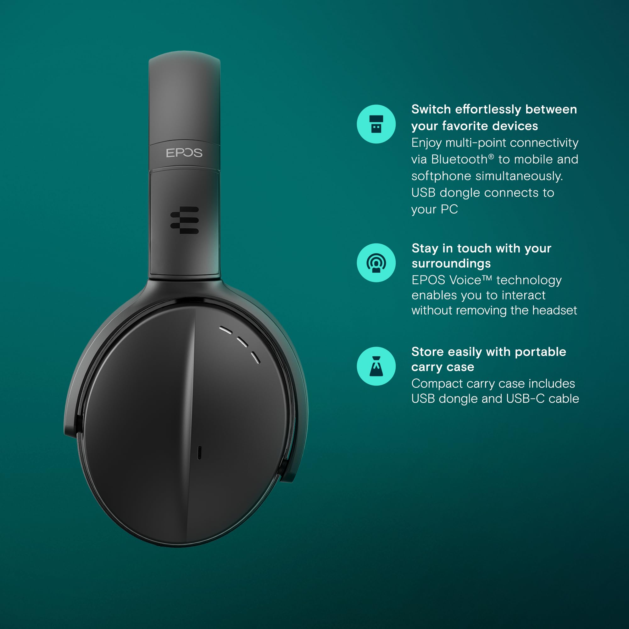 EPOS Sennheiser Adapt 560 II Wireless Bluetooth Headset - Noise Cancelling Office Headphones for Conference Calls, Gaming & Remote Work