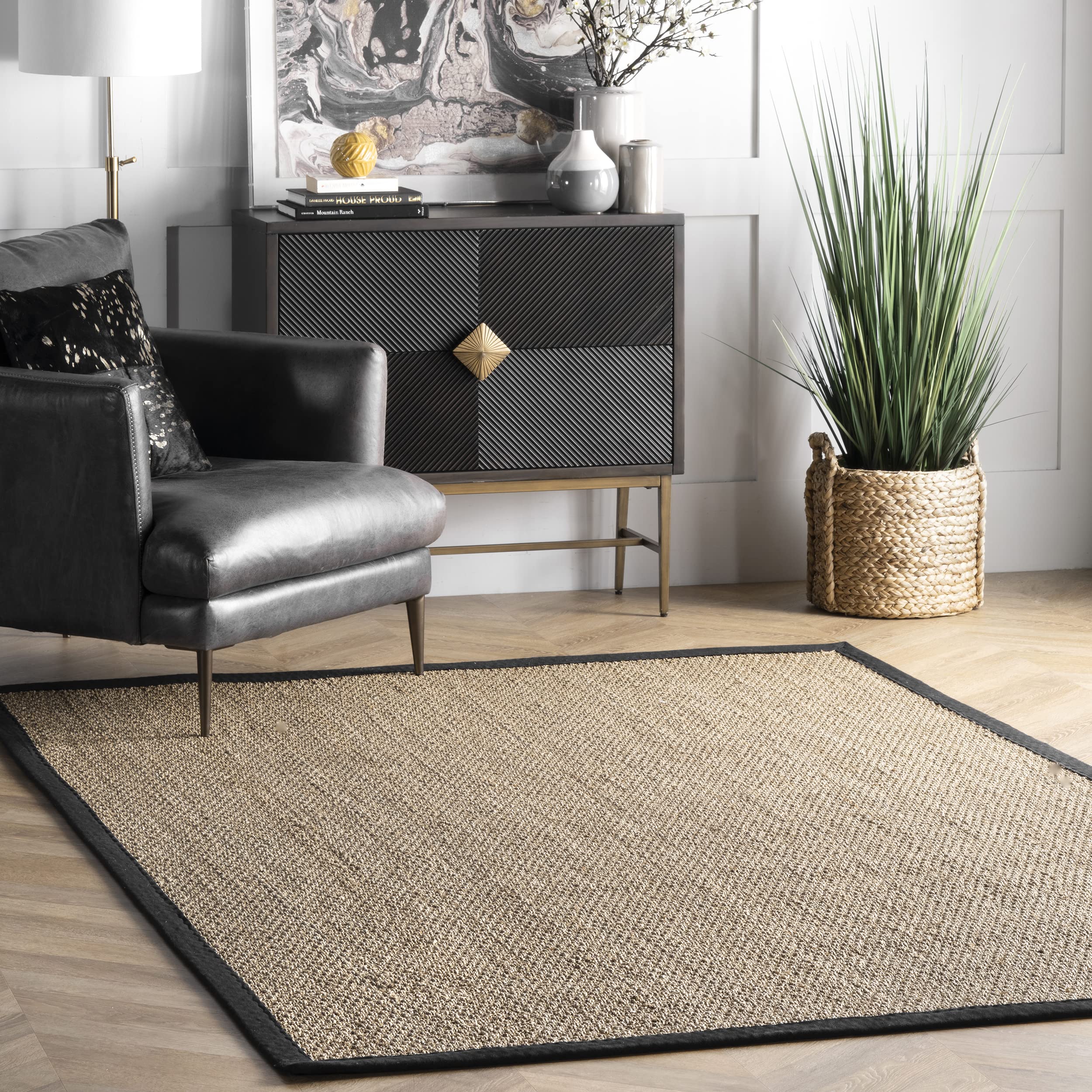 nuLOOM Elijah Seagrass Natural Jute Area Rug 12x15 Feet - Eco-Friendly Black Woven Floor Mat for Living Room, Bedroom & Home Decor
