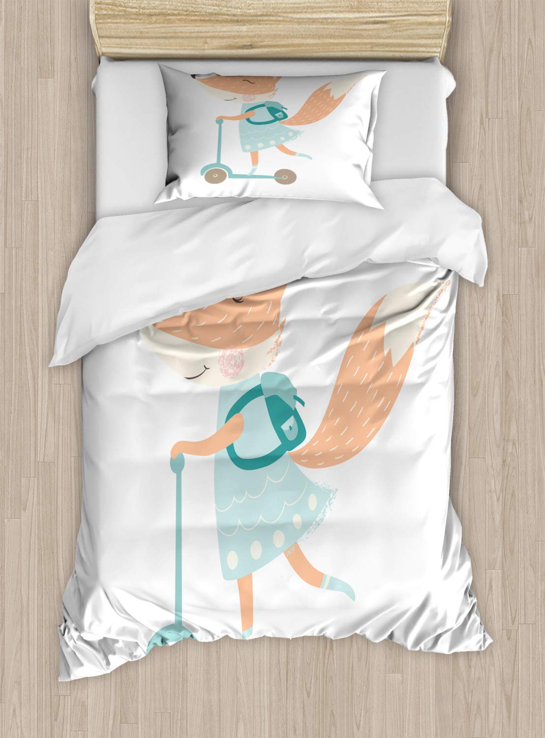 Ambesonne Fox Duvet Cover Set - Happy Animal Riding Scooter with Bag | 3-Piece Twin Size Bedding Set with 2 Pillow Shams in Rose Dried Color | Perfect for Kids' Rooms, Teen Bedrooms & Animal-Themed Decor