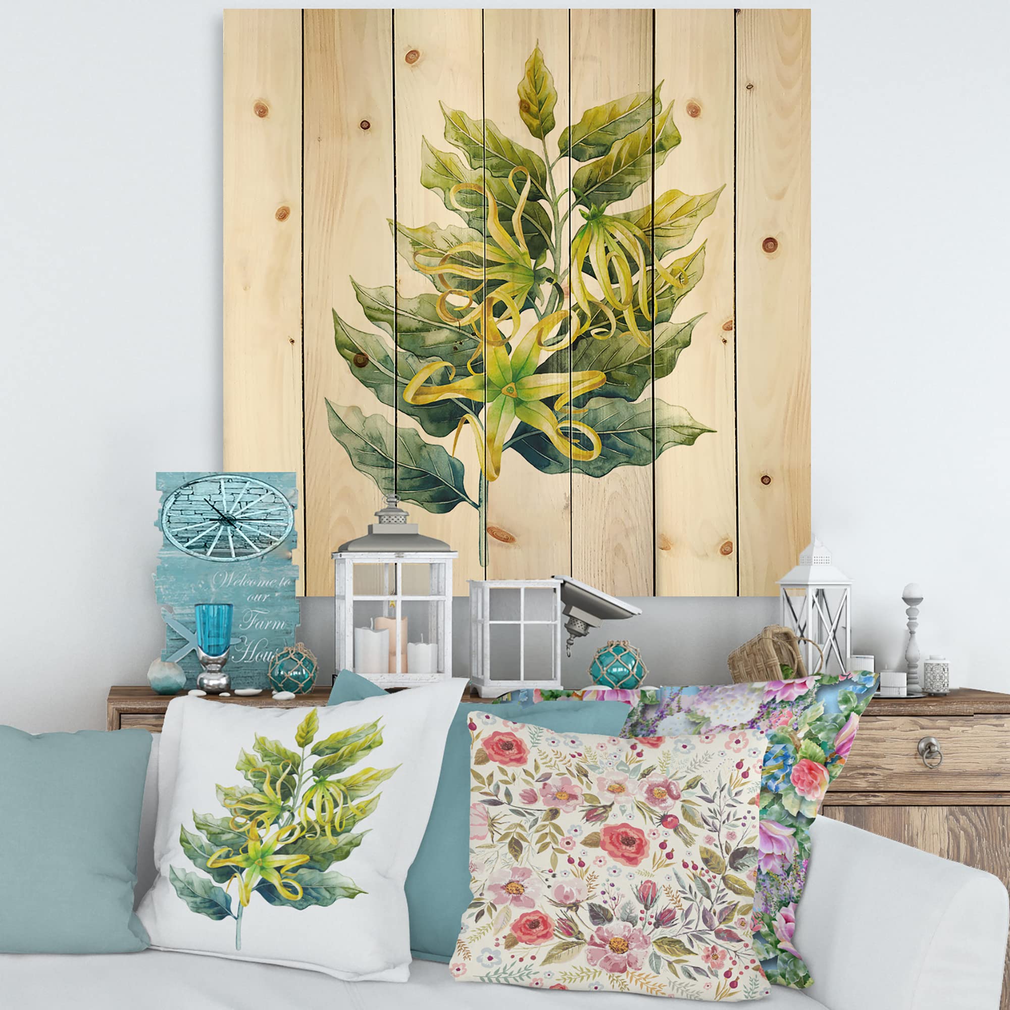 DesignQ Ylang Ylang Flower Wood Wall Decor - Handmade Traditional Floral Wall Art Panel, Large Green Botanical Pine Wood Painting for Living Room, Bedroom & Office Decoration