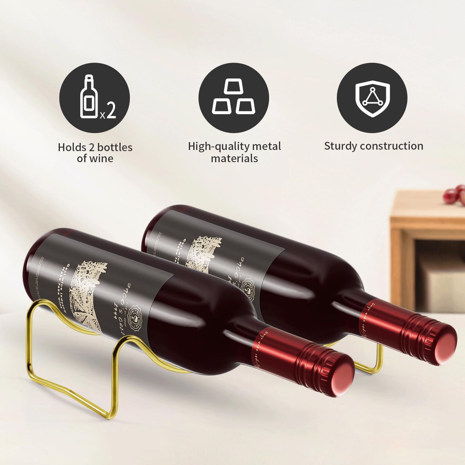 TONLEA 2-Bottle Countertop Wine Rack - Gold Metal Wine Holder & Organizer for Cups, Water Bottles - Perfect for Kitchen, Cabinet, Pantry, Bar & Home Decor
