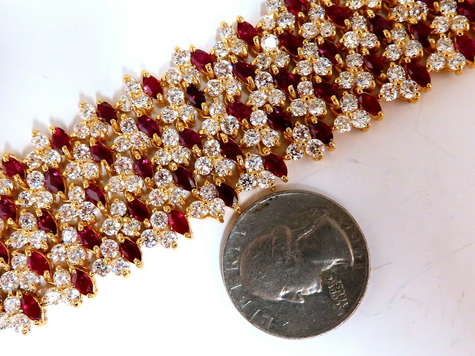 44.58ct Natural Ruby & Diamond Wide Cuff Bracelet in 14kt Gold Flex Mesh - Elegant Jewelry for Weddings, Parties & Special Occasions